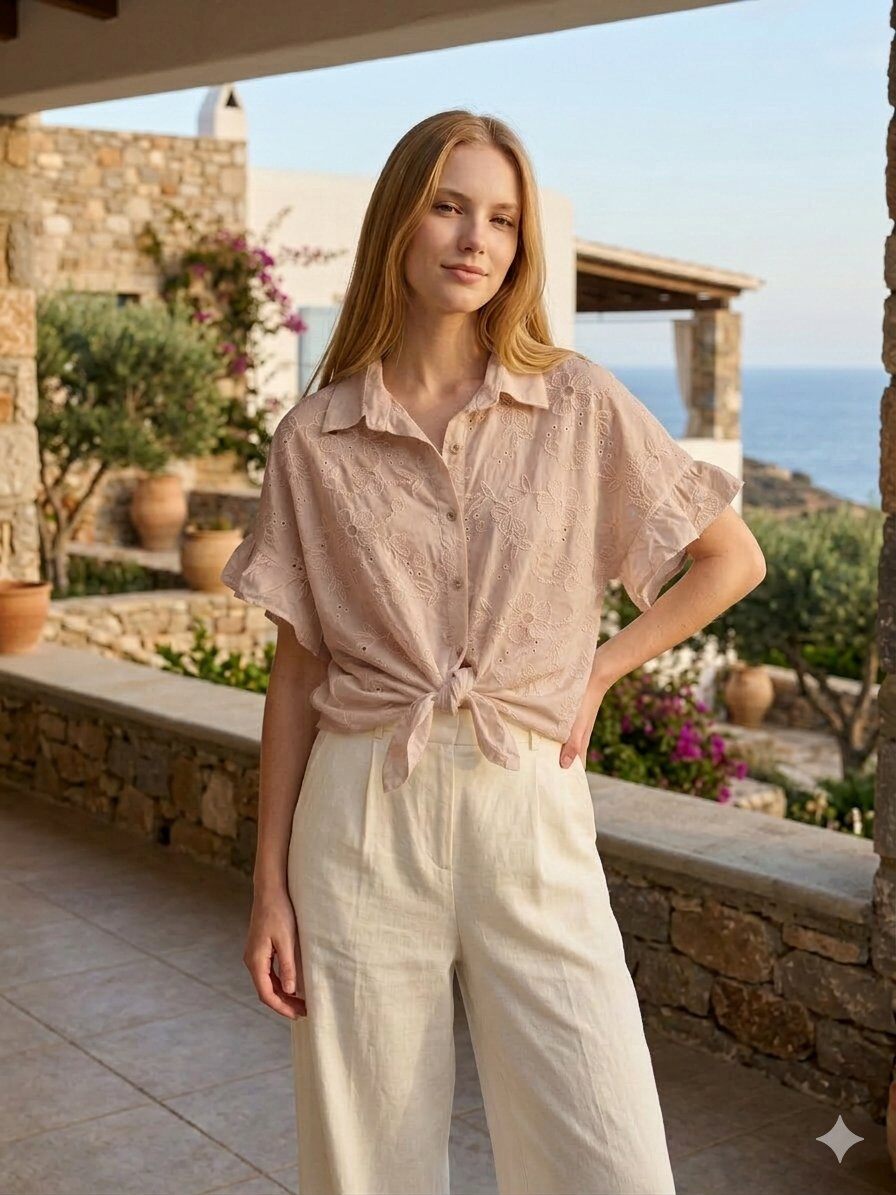 Grossista zuimi fashion - CAMICIA RICAMO MANICA CORTA DA DONNA - TINTO IN CAPO - COTONE PURO