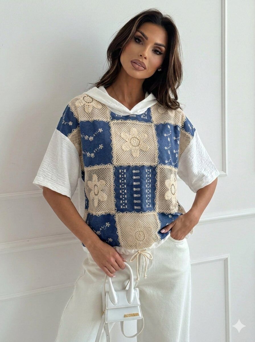 Grossista zuimi fashion - CAMICIA CON CAPPUCCIO A MANICA CORTA - VISCOSA E COTONE - RICAMO DELICATO