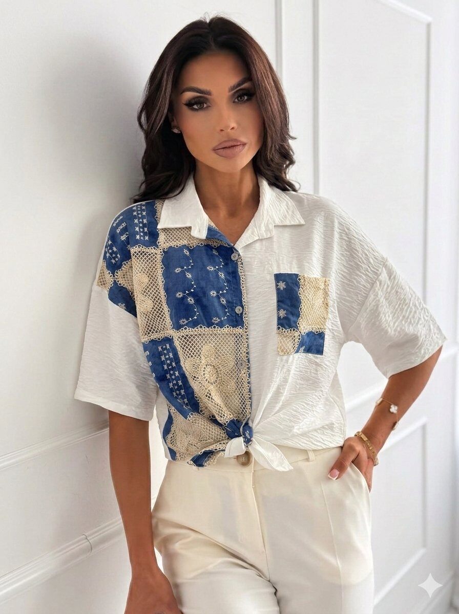 Grossiste zuimi fashion - Chemisier élégant pour femme, en viscose et coton, broderie délicate, idéal pour le printemps/été. Manches mi-longues