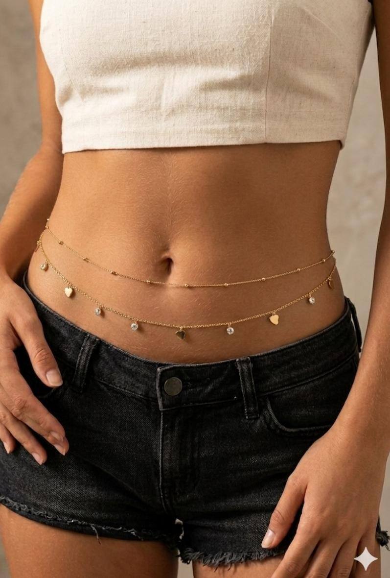 Grossiste Bijoussimo - Chaine de taille doré femme double rang, coeurs et strass (76+10)