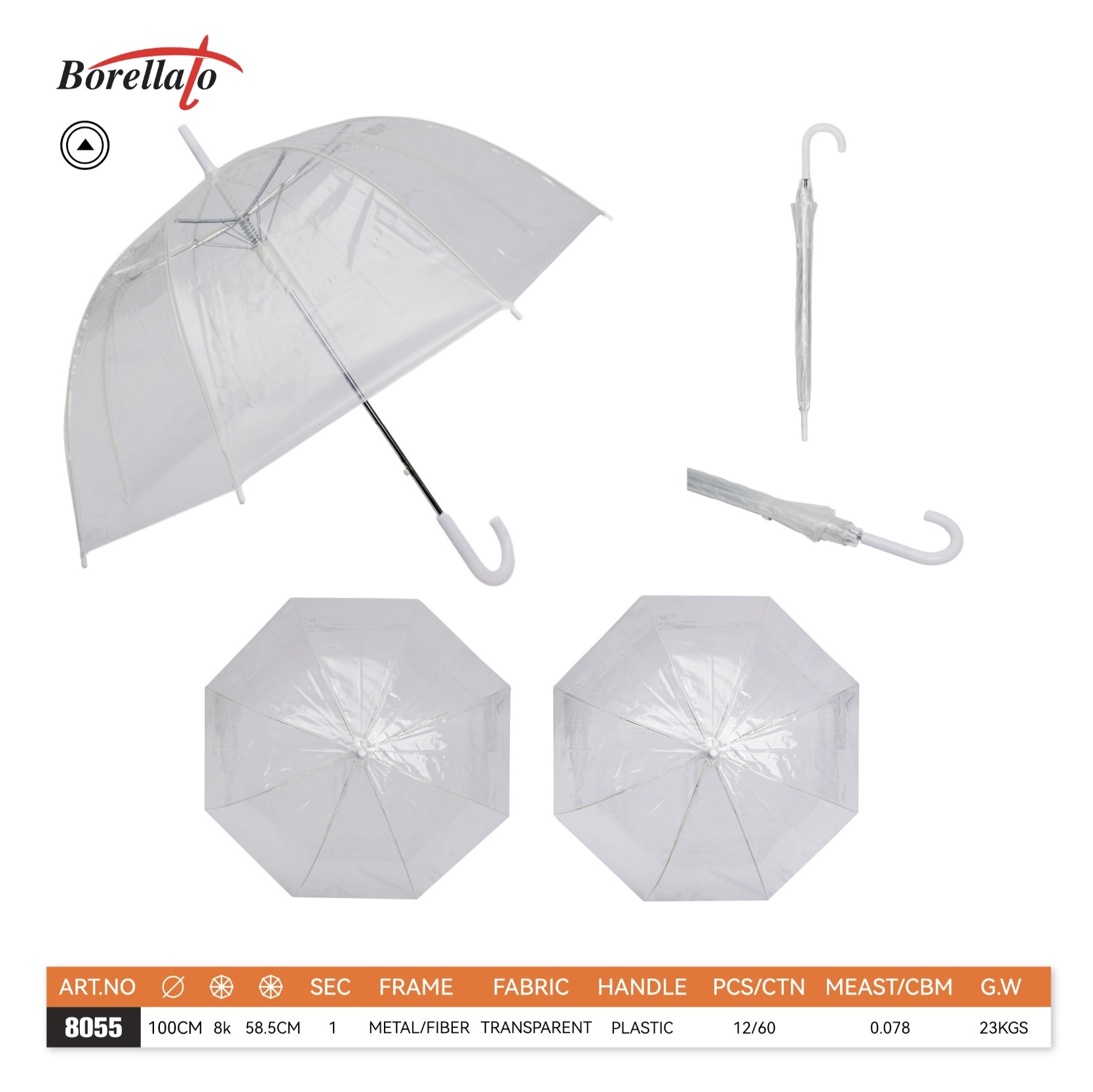 Wholesaler BORELLATO - Long transparent umbrellas, with white handle, pack of 12 pieces, single color.
