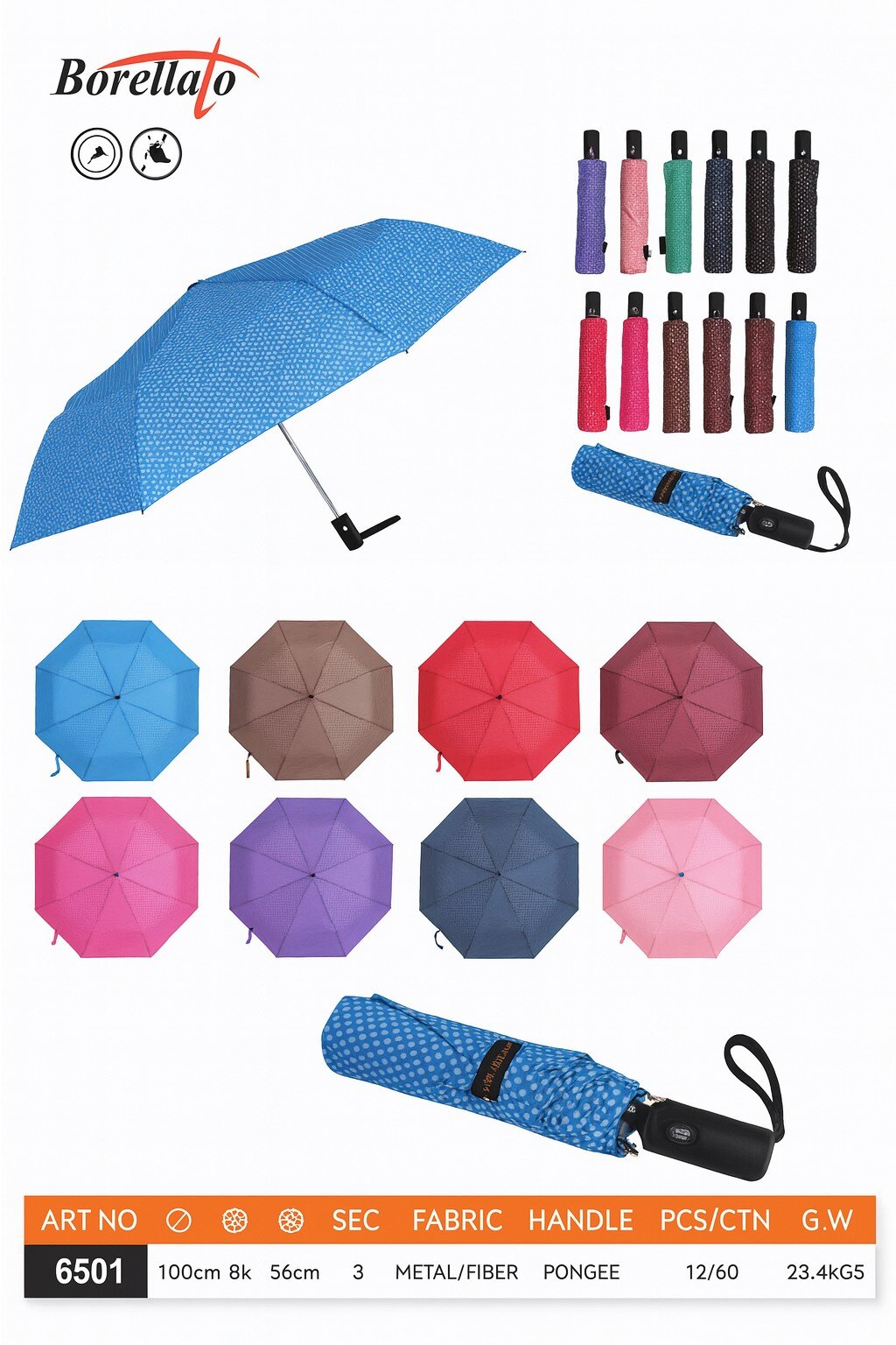 Wholesaler BORELLATO - BORELLATO BRAND UMBRELLA ASSORTED COLORS SOLD IN PACKS OF 12 PIECES