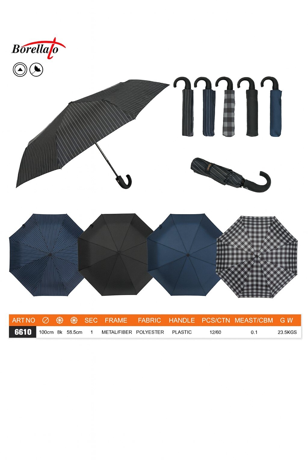 Wholesaler BORELLATO - BORELLATO BRAND UMBRELLA ASSORTED COLORS SOLD IN PACKS OF 12 PIECES