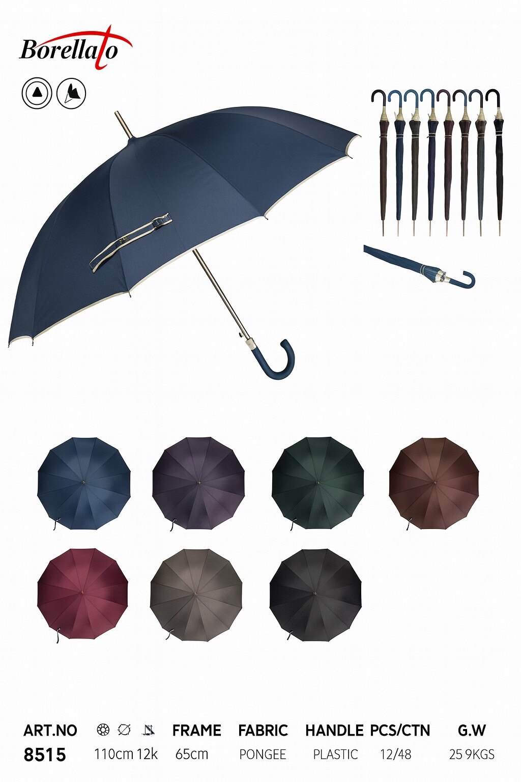 Wholesaler BORELLATO - BORELLATO BRAND UMBRELLA ASSORTED COLORS SOLD IN PACKS OF 12
