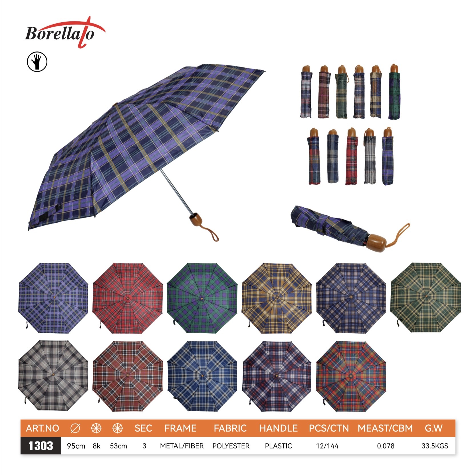 Wholesaler BORELLATO - Windproof mini manual umbrellas, with checkered print, pack of 12 pieces, assorted colors