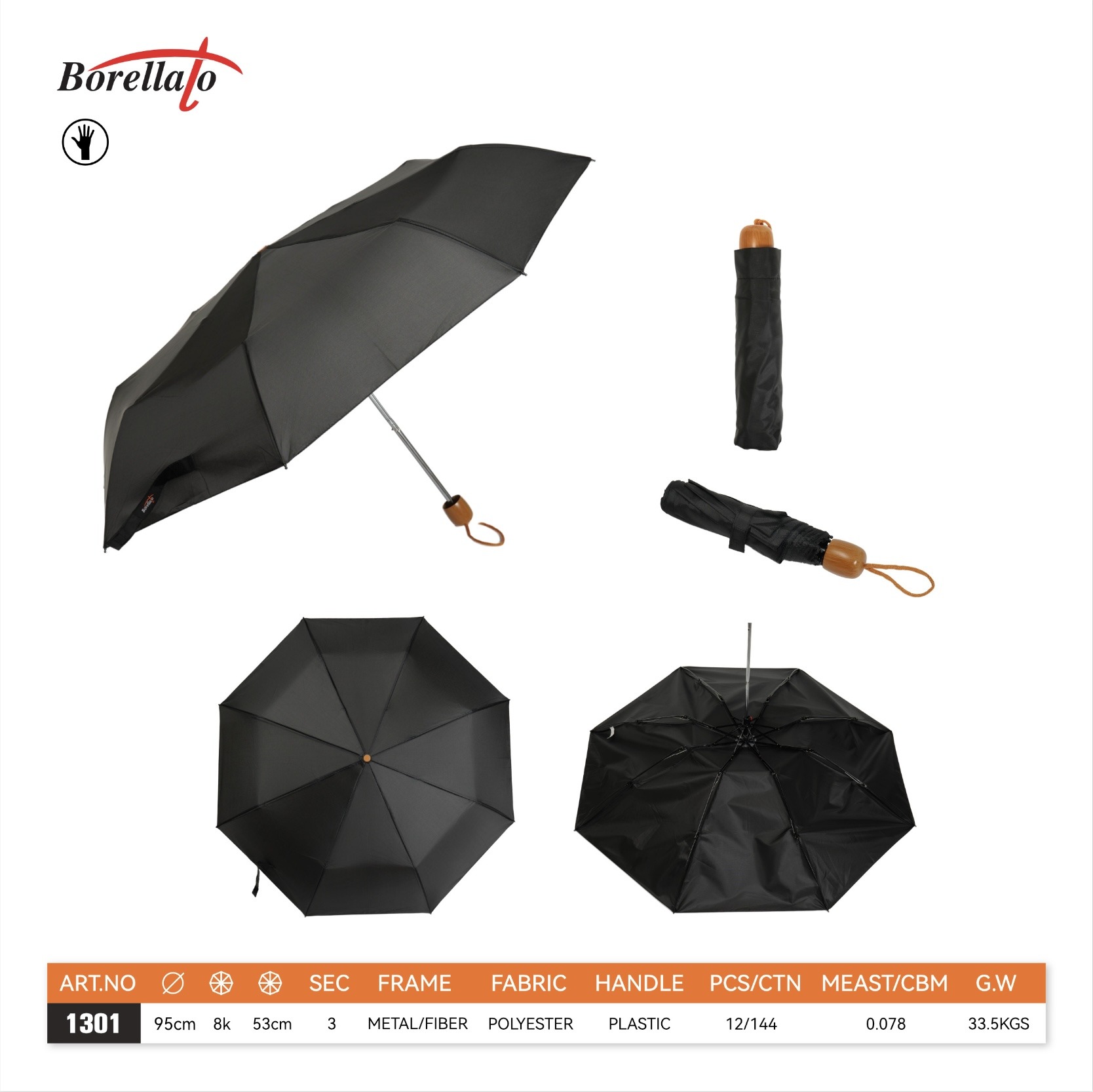 Grossista BORELLATO - Ombrello mini manuale, qualità buona antivento, colore unico nero, un pacco da 12pz