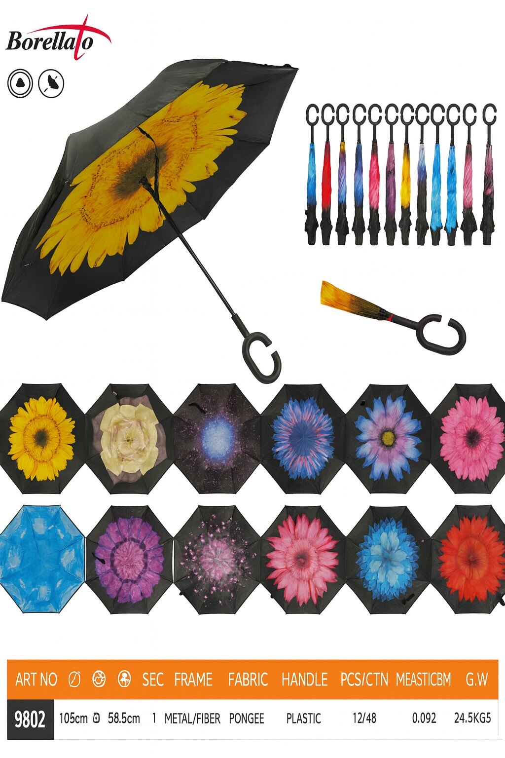 Wholesaler BORELLATO - BORELLATO BRAND LONG UMBRELLA FOR WOMEN VARIOUS COLORS SOLD IN PACKS OF 12 PIECES