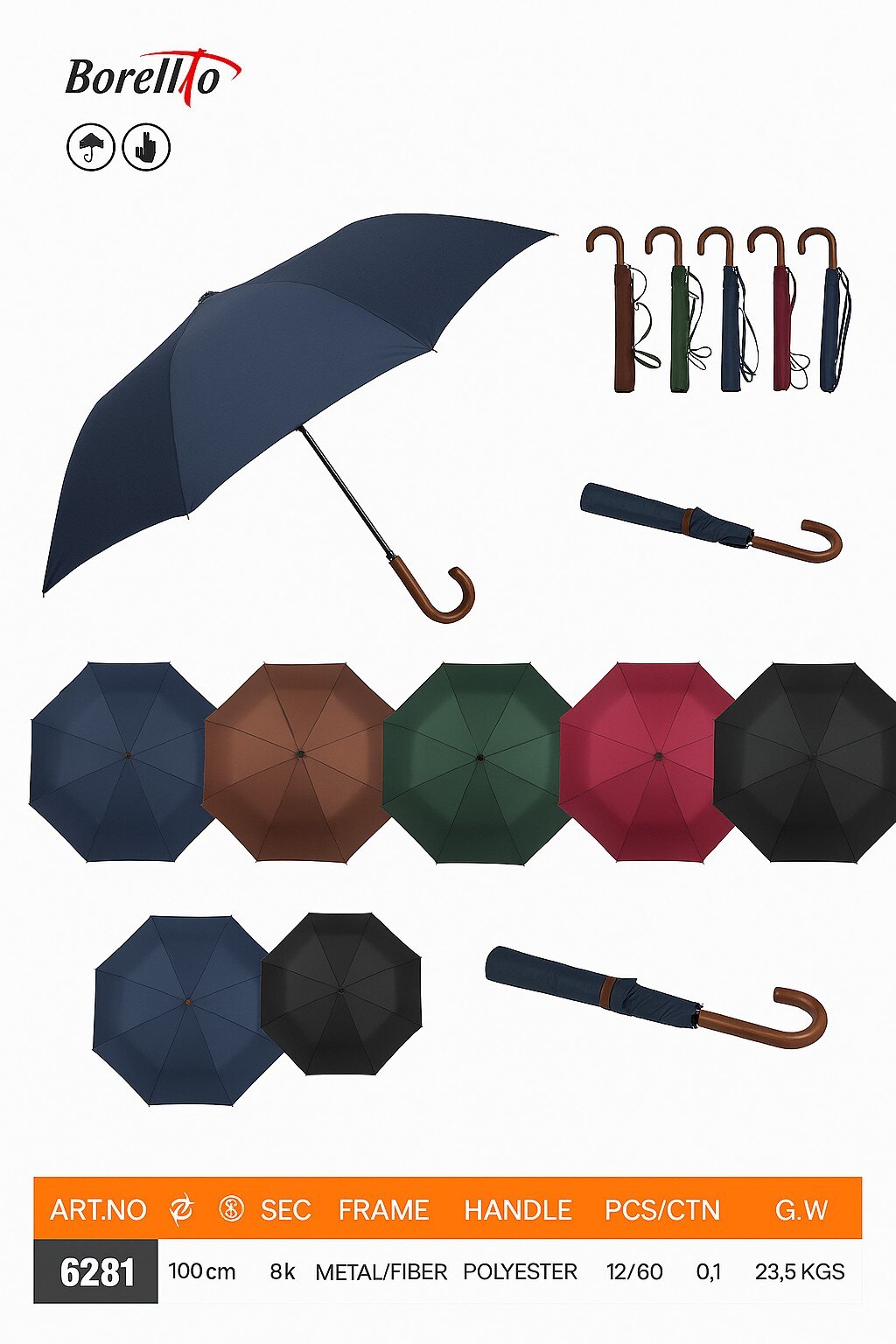 Wholesaler BORELLATO - BORELLATO BRAND UMBRELLA VARIOUS COLORS SOLD IN PACKS OF 12 PIECES