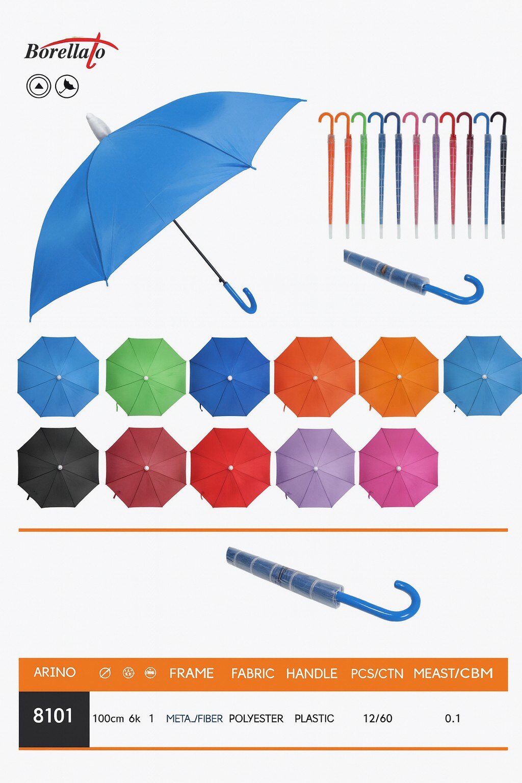 Wholesaler BORELLATO - BORELLATO BRAND UMBRELLA ASSORTED COLORS SOLD IN PACKS OF 12 PIECES