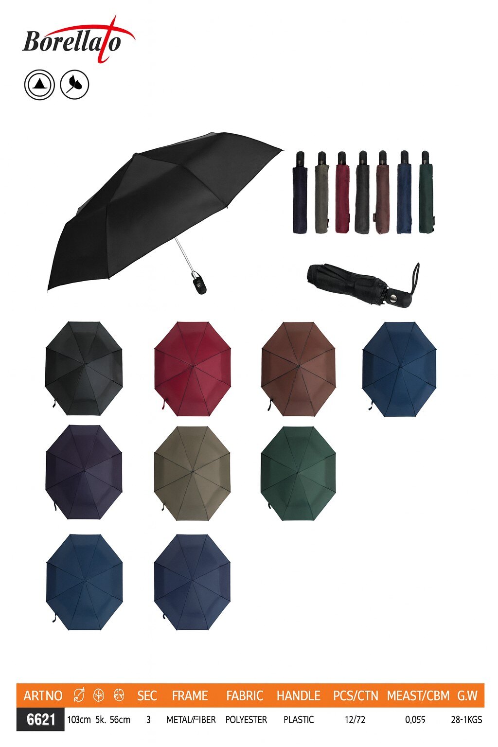 Wholesaler BORELLATO - BORELLATO BRAND UMBRELLA VARIOUS COLORS SOLD IN PACKS OF 12 PIECES