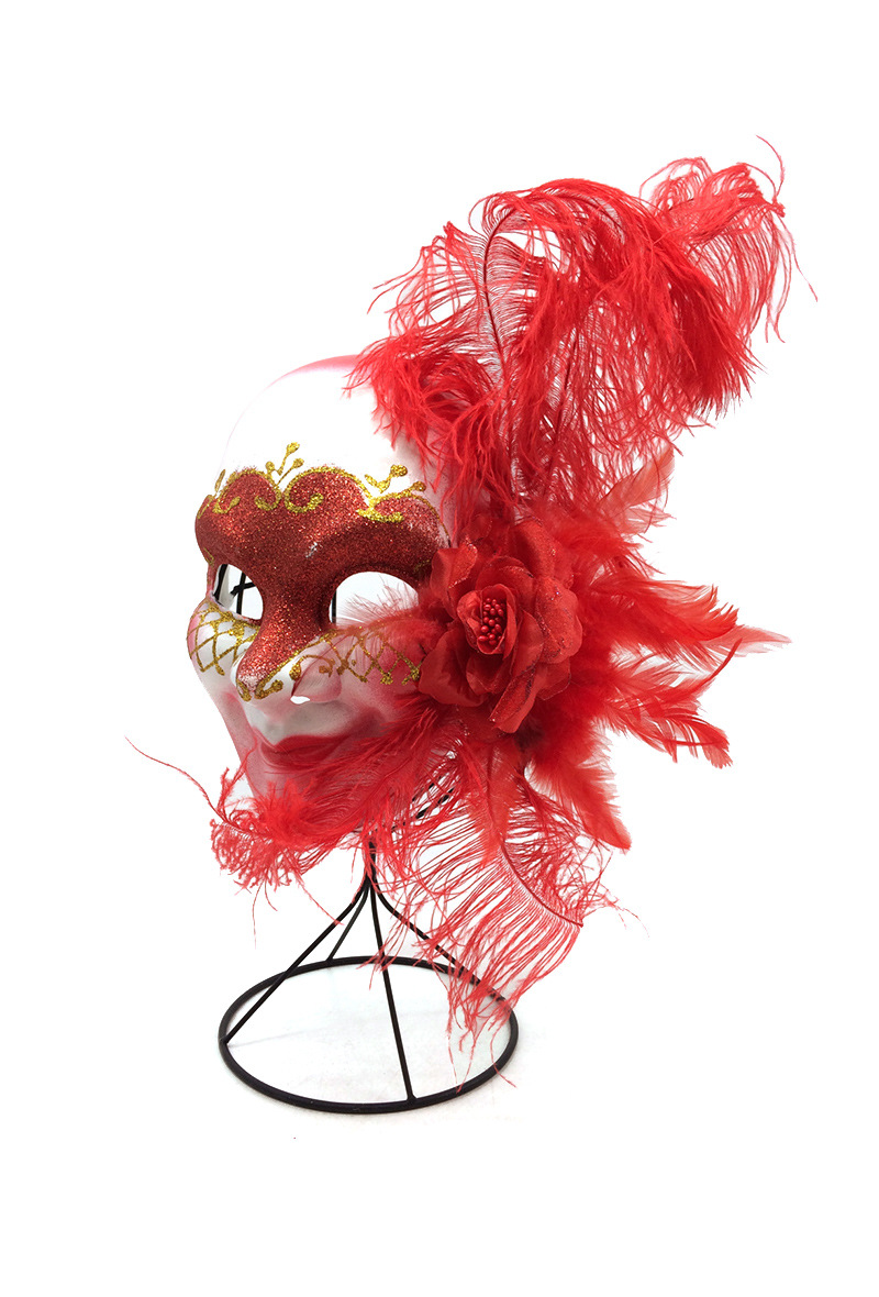 Grossista By Oceane - MASCHERA VENEZIANA DECORATA CON PIUME E MOTIVO FLOREALE SUL LATO