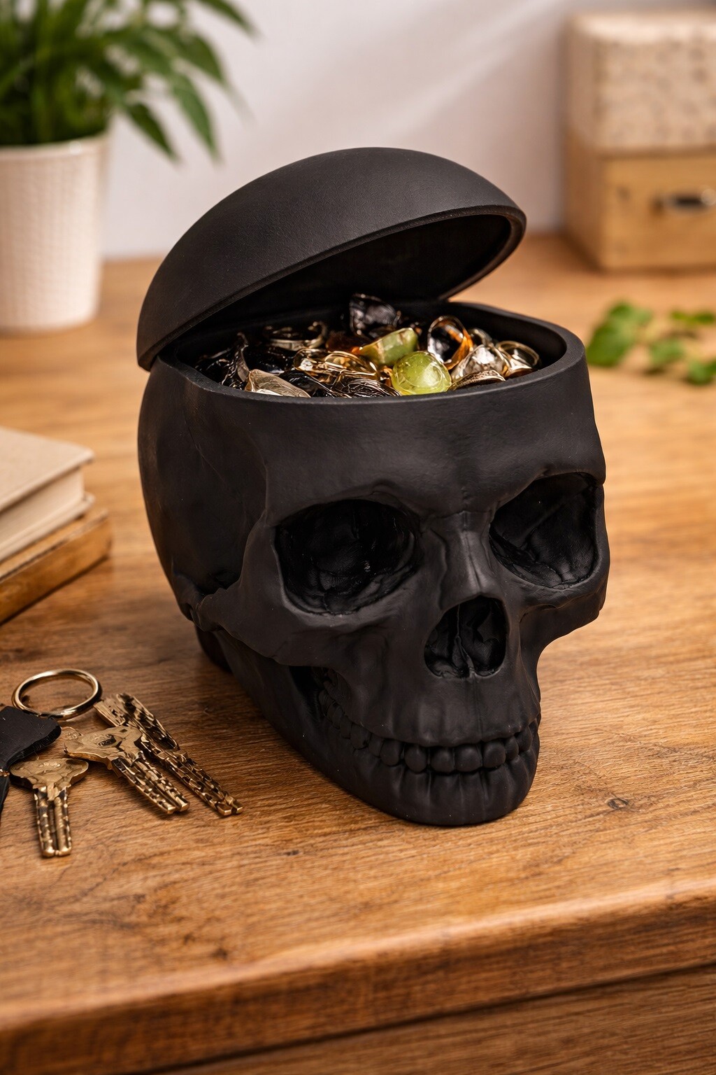 Grossista Ceramik - Scatola decorativa a forma di teschio nero con coperchio – Scultura gotica 3D – Contenitore