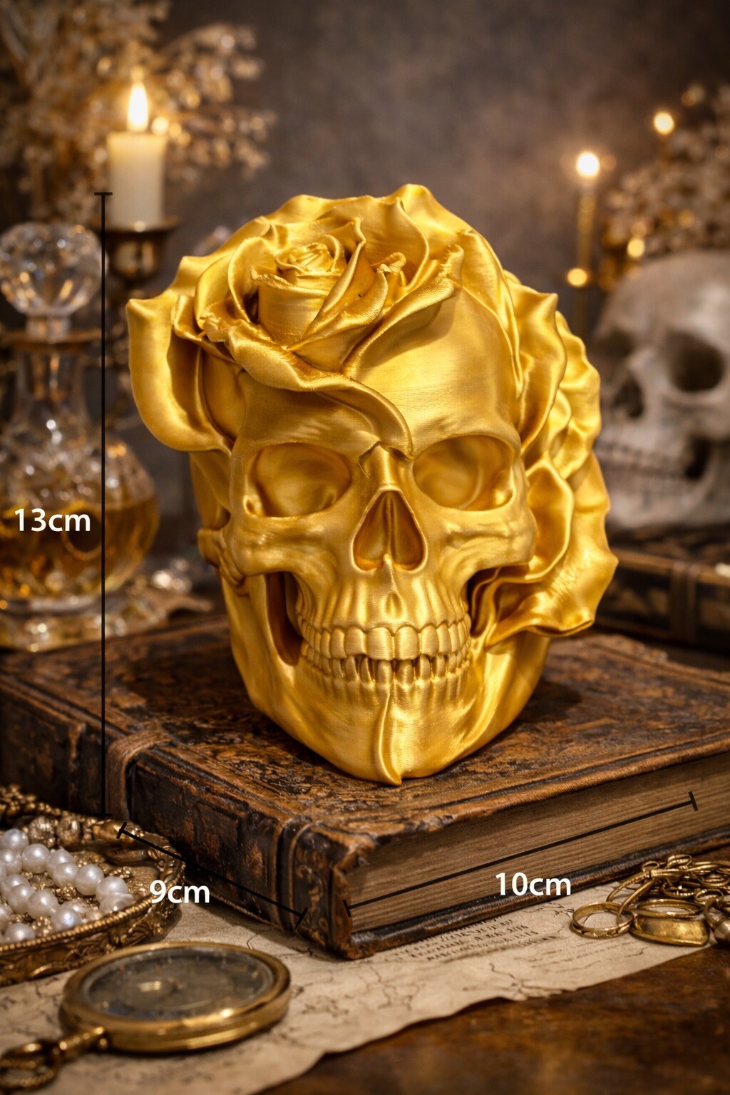 Wholesaler Ceramik - Golden decorative skull with rose 3D Sculpture Gothic object
