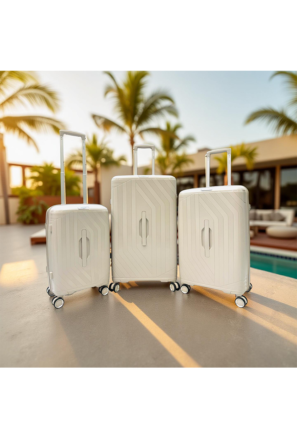 Grossista HELIOS® - TRUNKY, lot de 3 valises rectangulaire en polypropylène (799) Beige