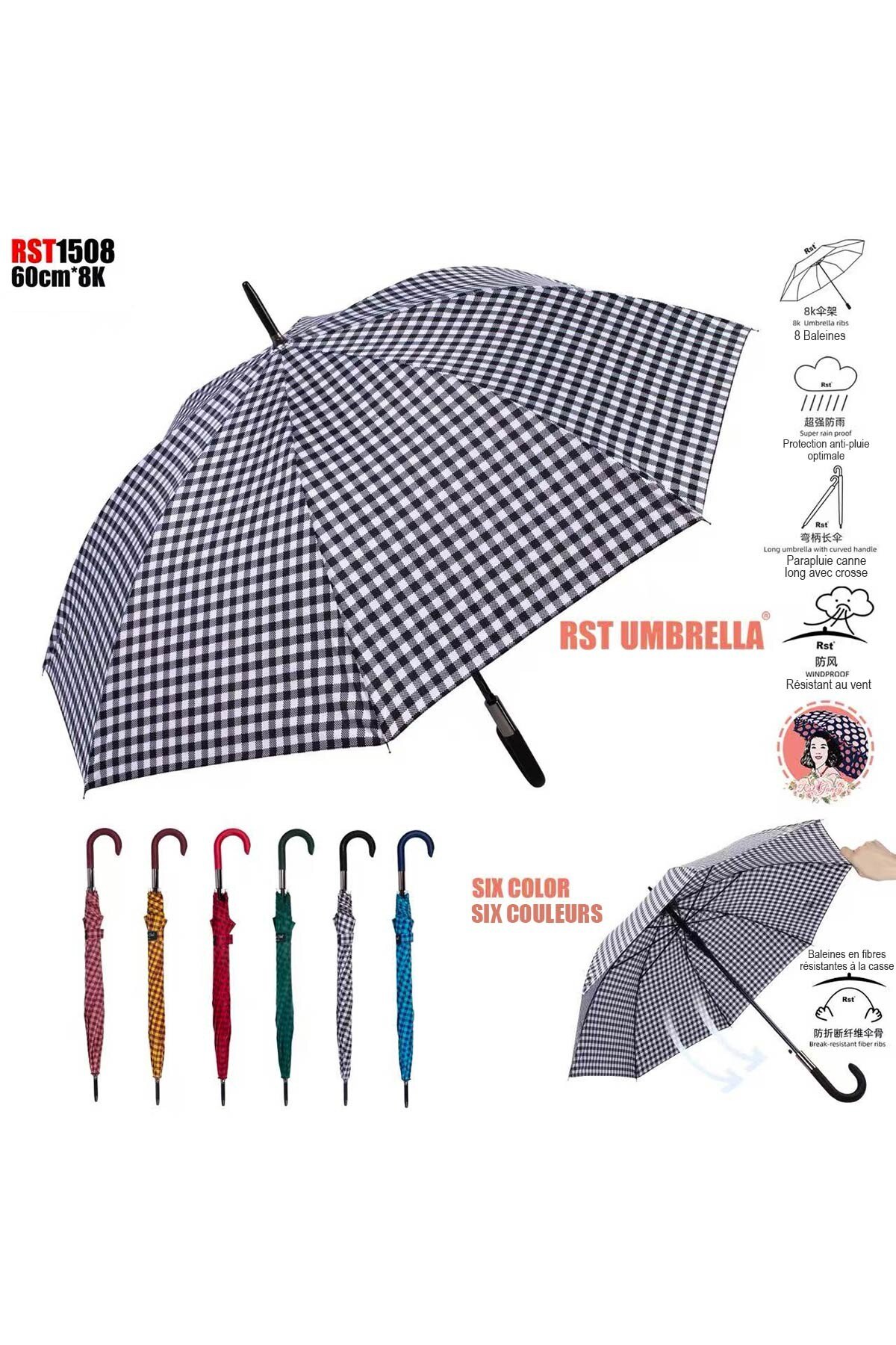 Grossista KENNY JONES - RST1508 Ombrello a bastone automatico con motivo vichy