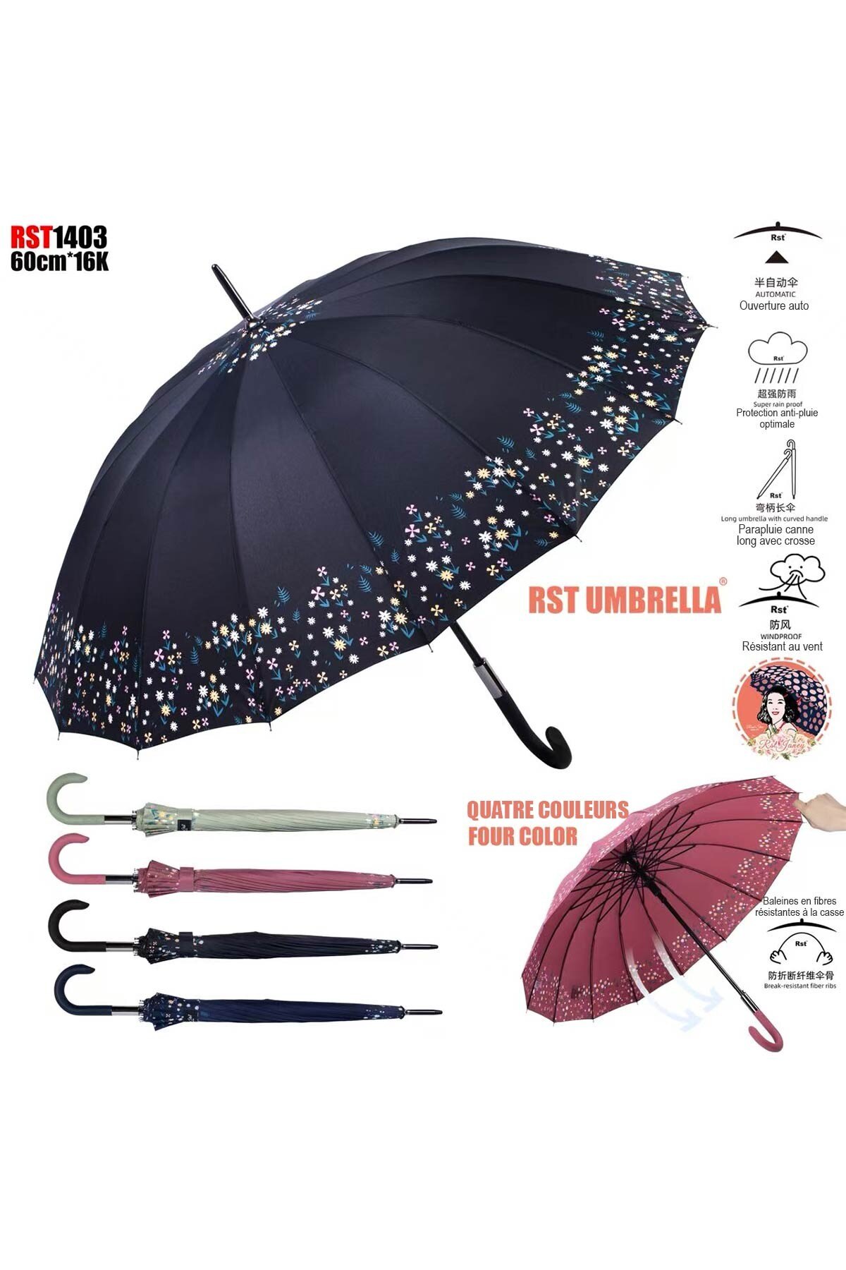 Wholesaler KENNY JONES - RST1403 Cane umbrella automatic opening