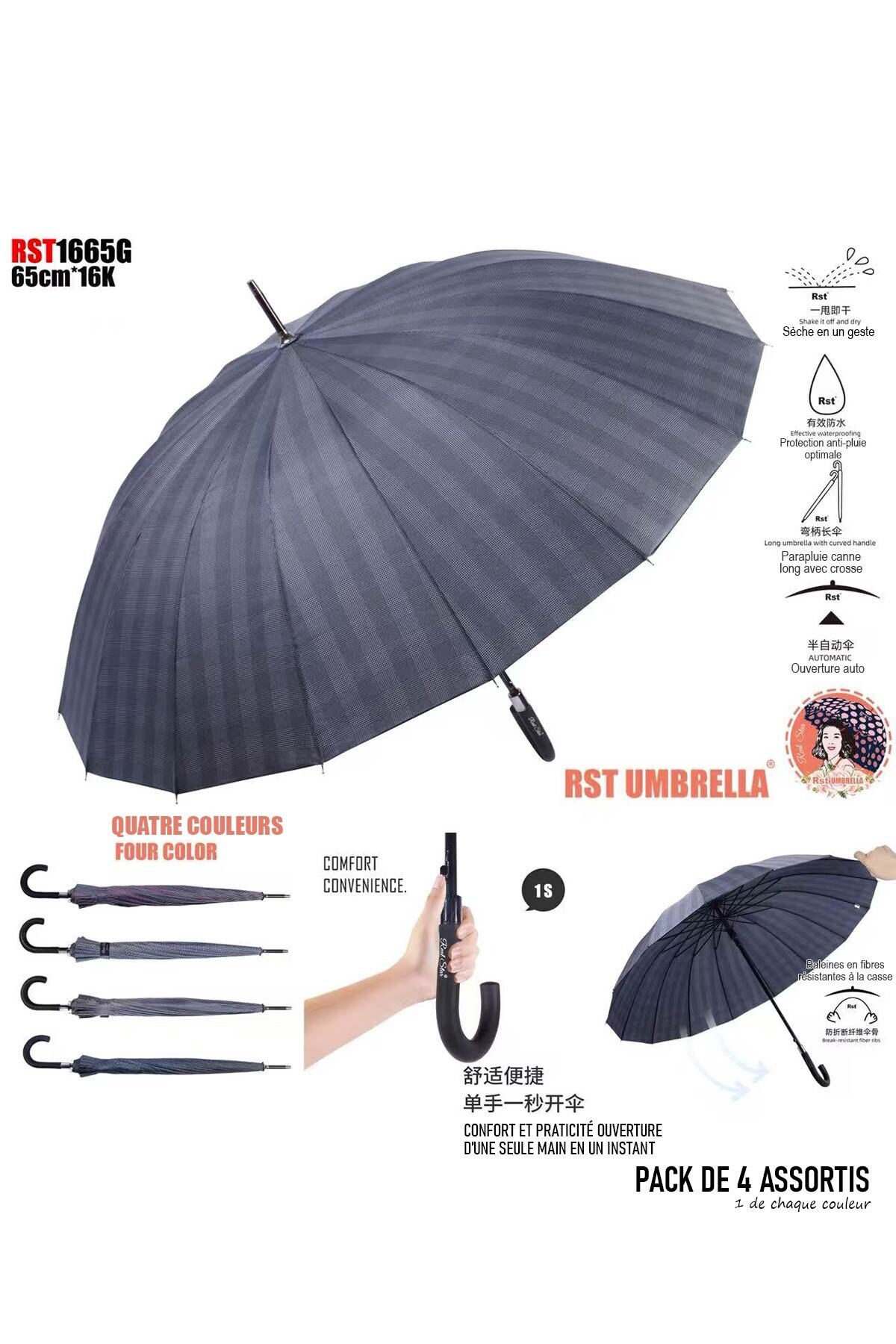 Wholesaler KENNY JONES - RST1665G Cane umbrella automatic opening