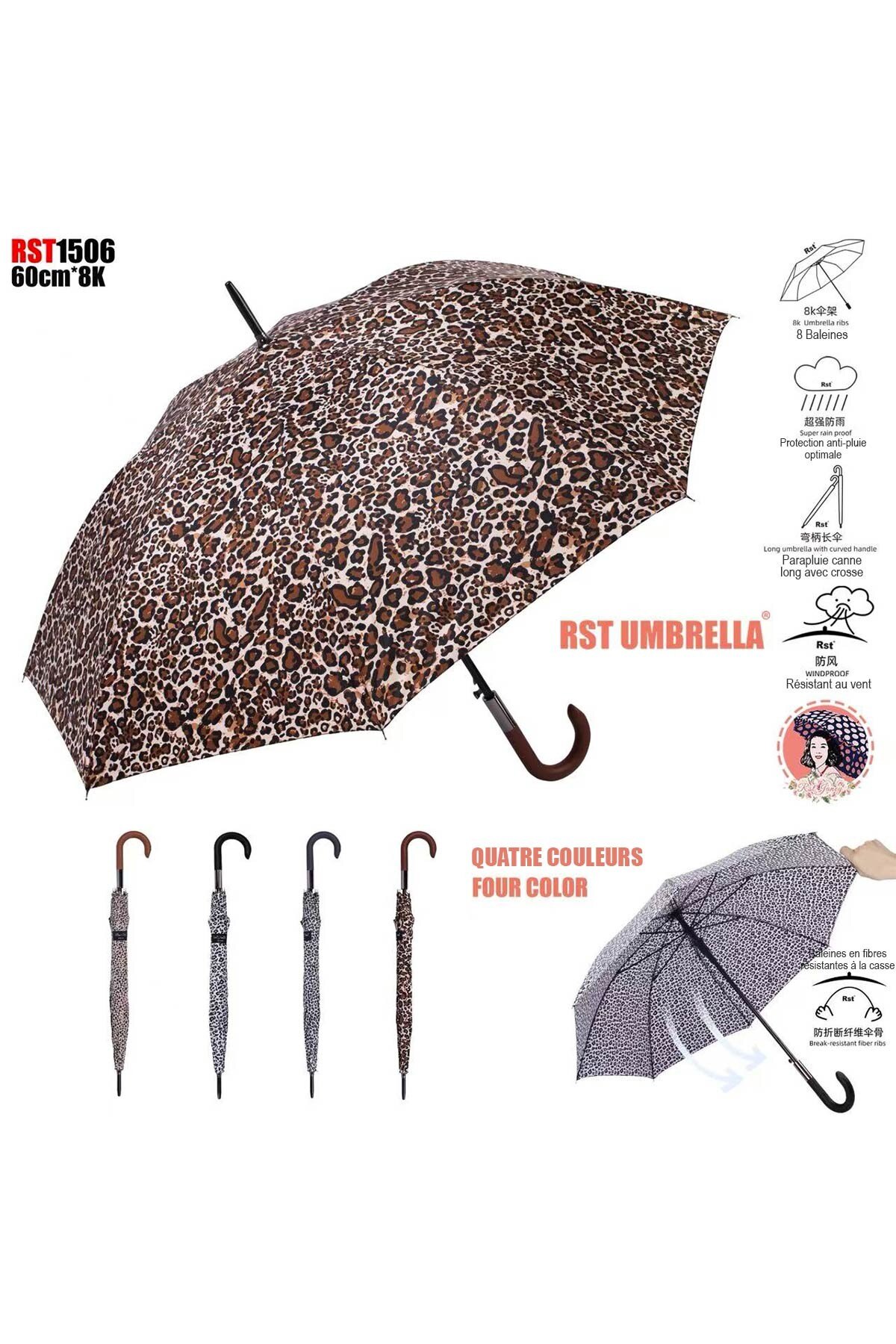 Wholesaler KENNY JONES - RST1506 Leopard Pattern Automatic Cane Umbrella