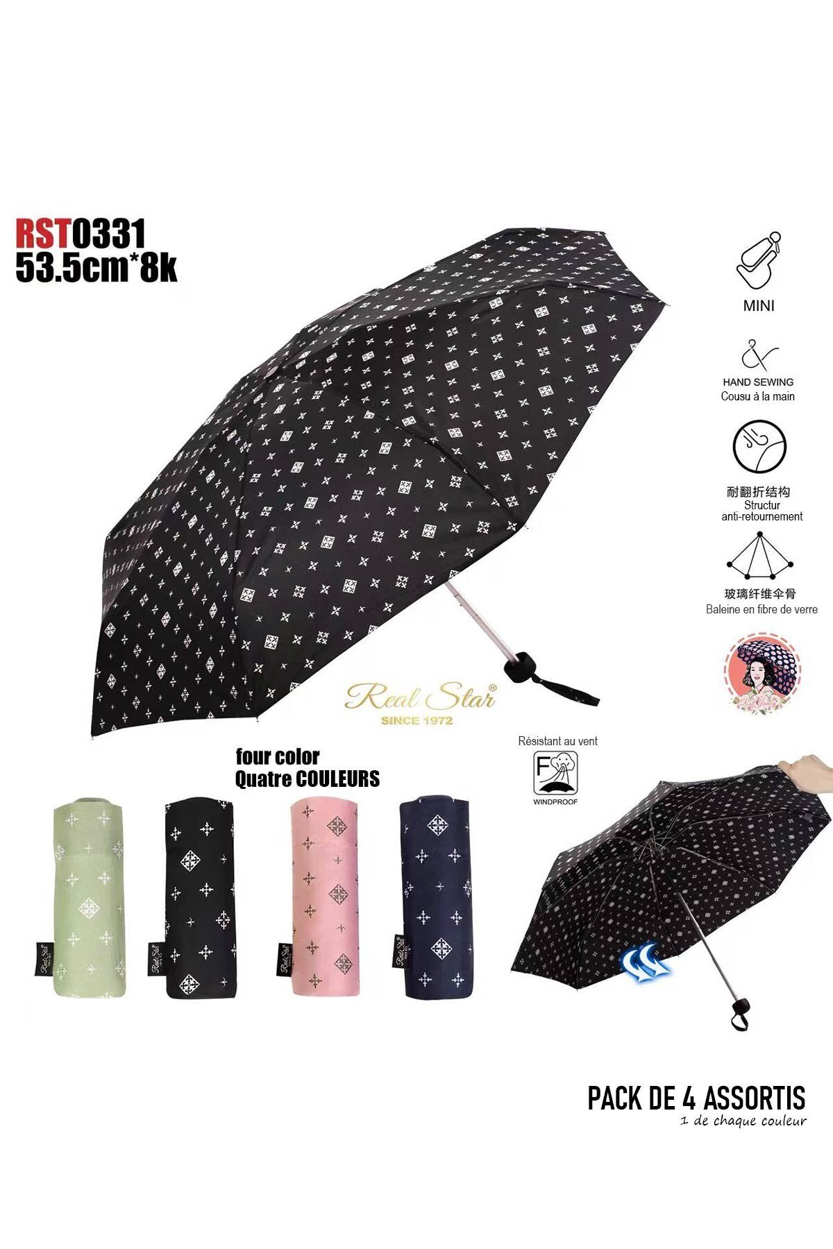 Wholesaler KENNY JONES - RST0331 Compact folding umbrella with baroque pattern and manual opening