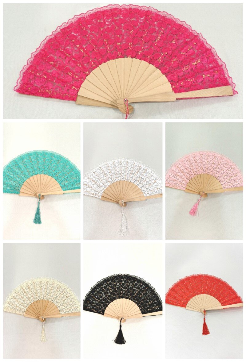 Grossiste M&P Accessoires - Eventail en bois et dentelle avec pompon (couleurs mélangées ou blanc)