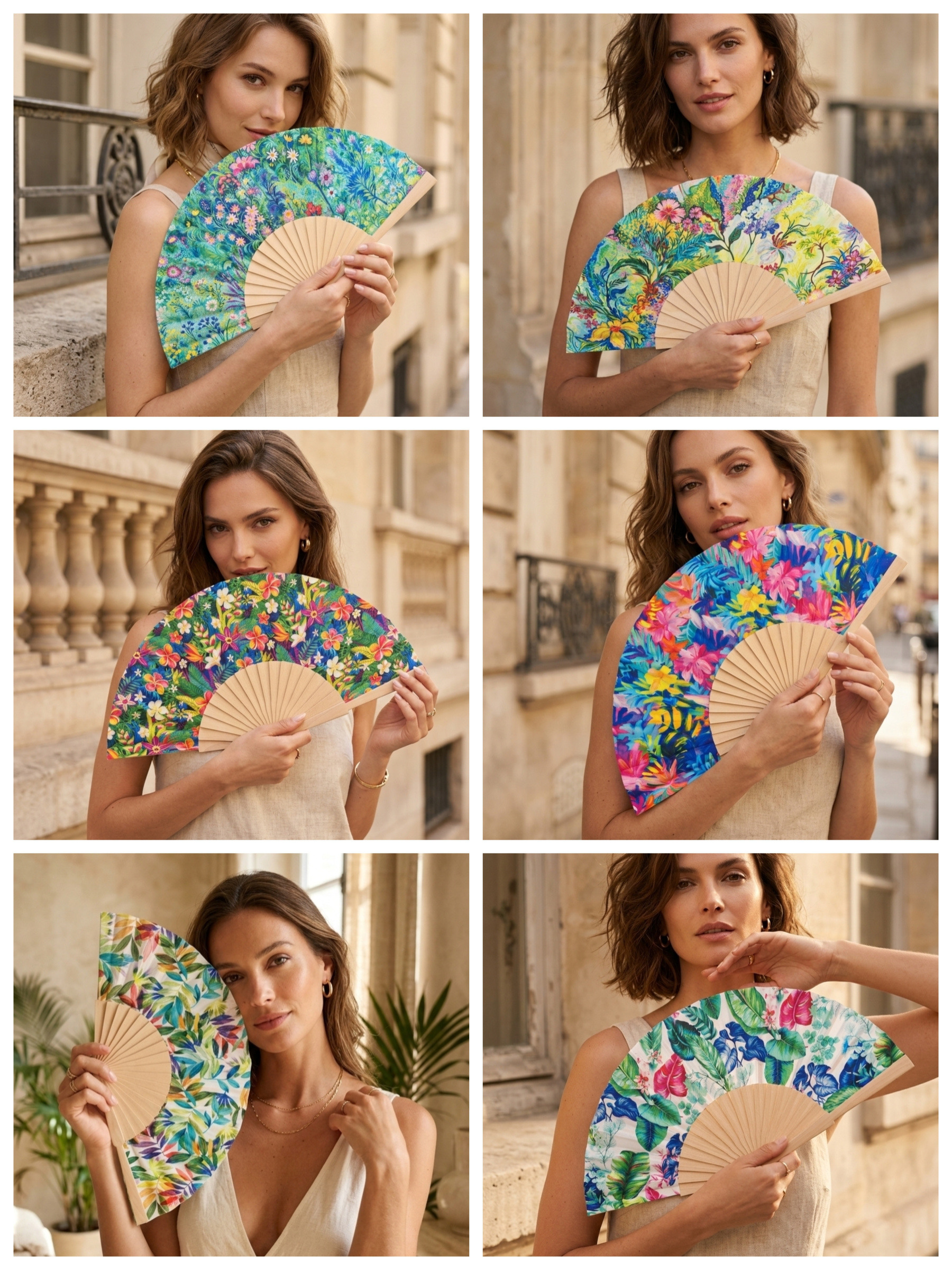 Wholesaler M&P Accessoires - Multicolored printed wooden fan (12 assorted pieces)