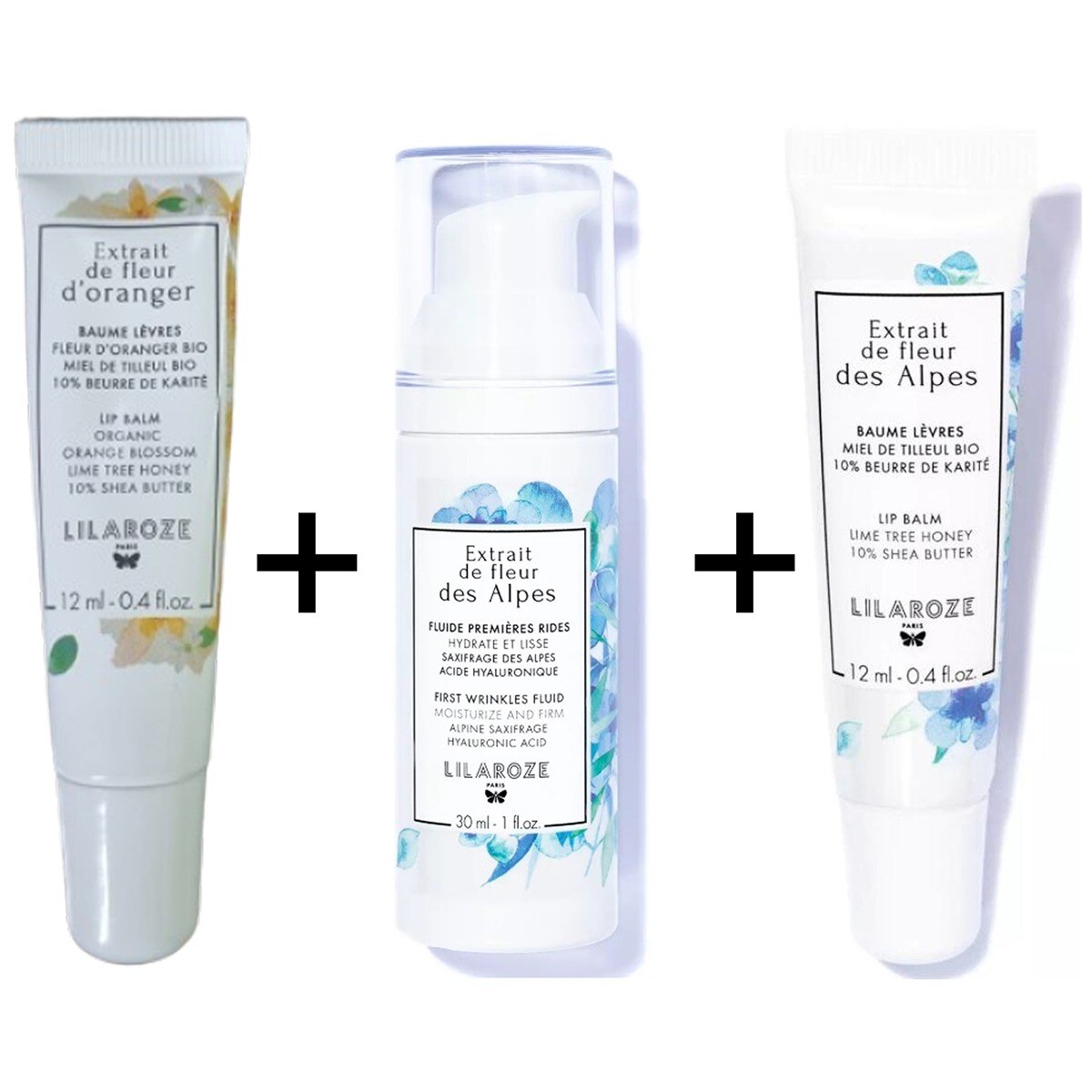 Mayorista Lilaroze Paris - Lilaroze Paris - Pack Bálsamo Labial Extracto de Flor de Azahar Manteca de Karité + Bálsamo Labial Extracto de Flor de los Alpes Miel de Tilo Orgánica + Fluido Primera Arrugas Extracto de Flor de los Alpes Hidrata y Alisa Ácido Hialurónico