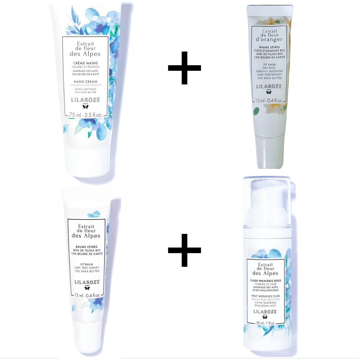 Mayorista Lilaroze Paris - Lilaroze Paris - Pack Crema de Manos con Extracto de Flor de los Alpes + Fluido Primeras Arrugas con Extracto de Flor de los Alpes + Bálsamo Labial con Extracto de Flor de los Alpes + Bálsamo Labial con Extracto de Flor de Azahar