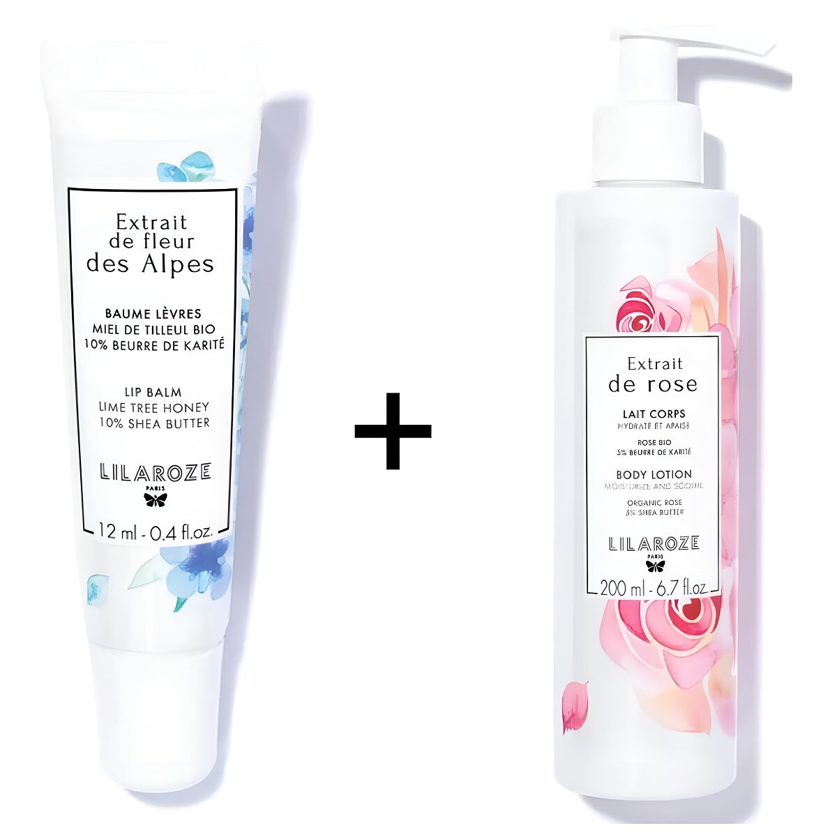 Mayorista Lilaroze Paris - Lilaroze Paris - Pack de Bálsamo Labial con Extracto de Flor de los Alpes y Miel de Tilo Orgánica + Leche Corporal con Extracto de Rosa, Hidrata y Calma con Manteca de Karité