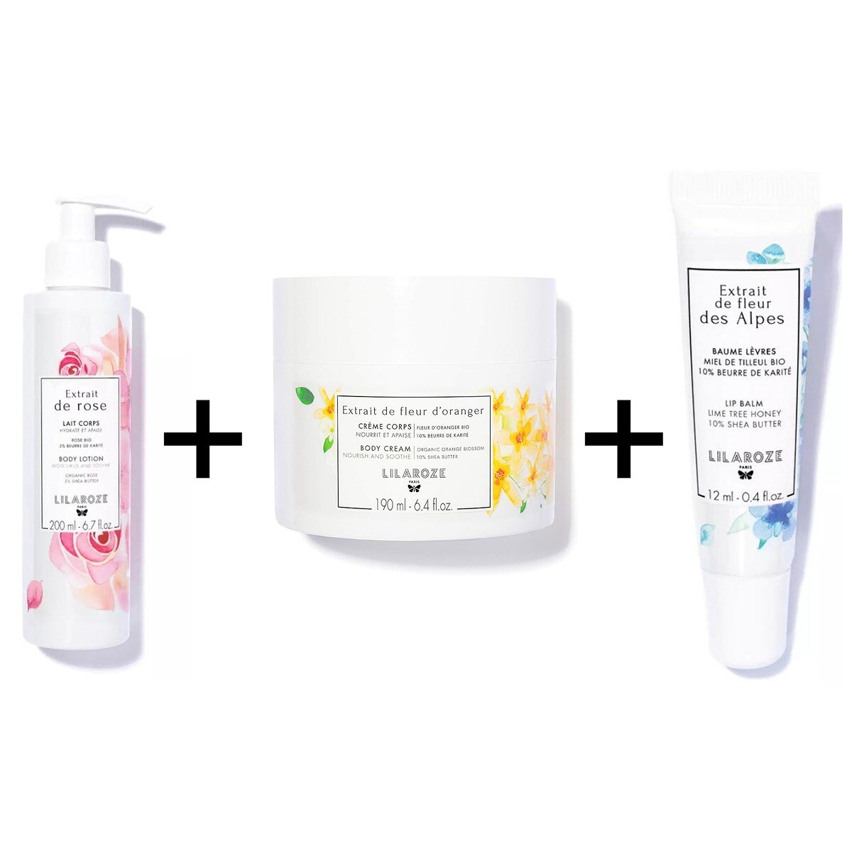 Mayorista Lilaroze Paris - Lilaroze Paris - Pack Exfoliante Corporal con Extracto de Flor de Azahar Orgánico + Leche Corporal con Extracto de Rosa que Hidrata y Calma con Manteca de Karité + Bálsamo Labial con Extracto de Flor de los Alpes y Miel de Tilo Orgánica