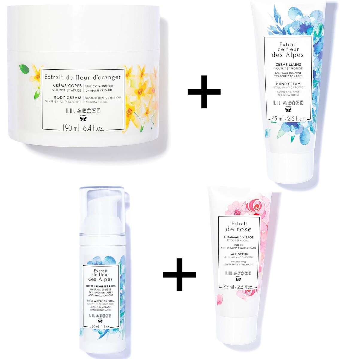 Mayorista Lilaroze Paris - Lilaroze Paris - Pack de Mascarilla Facial con Extracto de Rosa + Fluido Primeras Arrugas con Extracto de Flor de los Alpes + Crema de Manos con Extracto de Flor de los Alpes + Crema Corporal con Extracto de Flor de Azahar