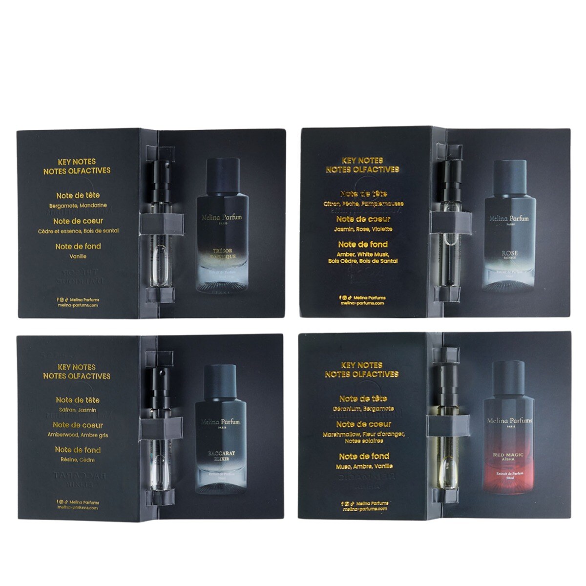 Grossiste Melina Parfums - Melina Parfums - 4 échantillons Trésor D'afrique , Rose Sauvage , Baccarat Elixir , Red Magic Aïsha