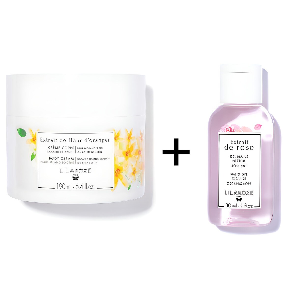 Mayorista Lilaroze Paris - Lilaroze Paris - Pack Crema Corporal con Extracto de Flor de Azahar Orgánica + Gel de Manos Limpiador con Extracto de Rosa