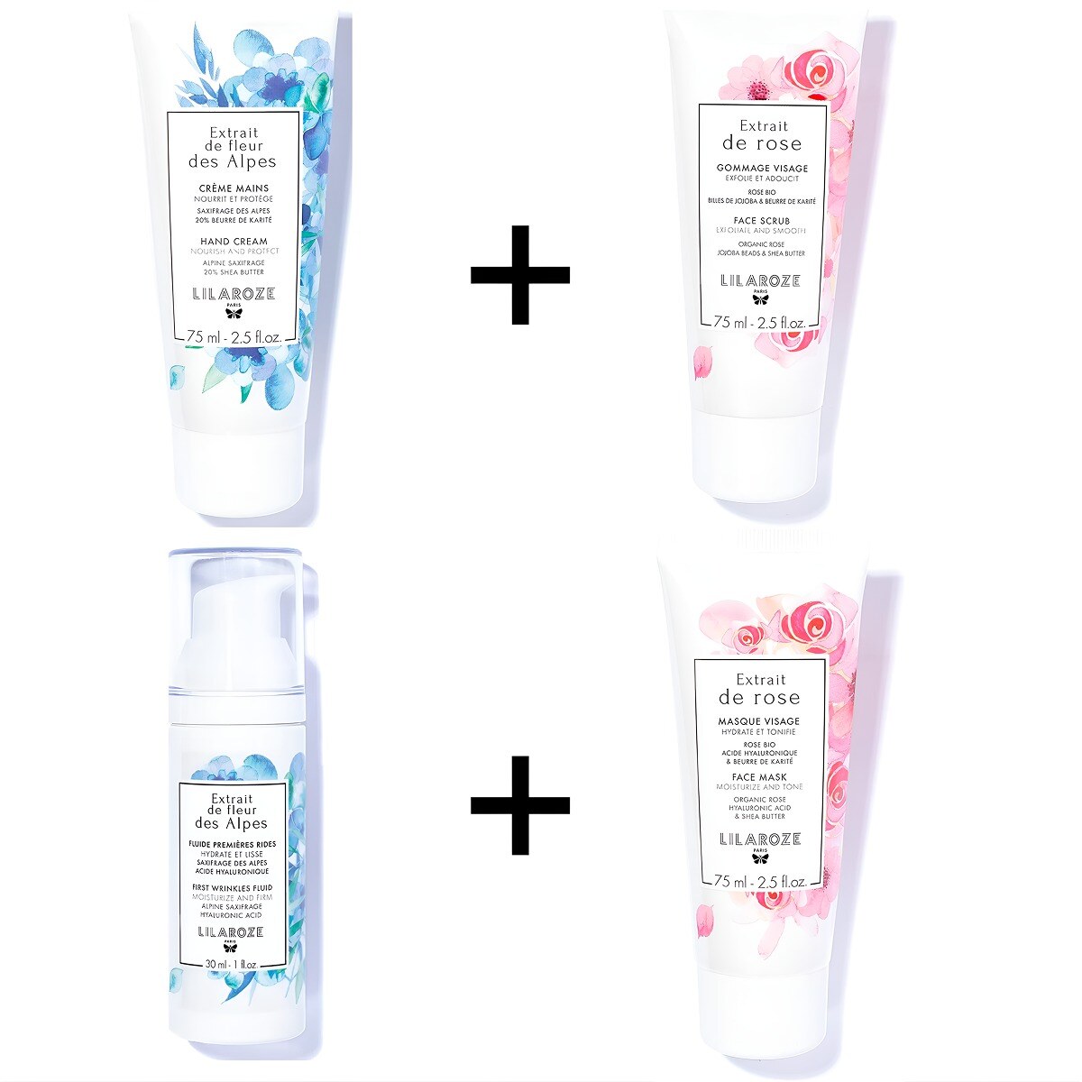 Mayorista Lilaroze Paris - Lilaroze Paris - Pack Crema de Manos Extracto de Flor de los Alpes + Exfoliante Facial Extracto de Rosa + Fluido Primeras Arrugas Extracto de Flor de los Alpes + Mascarilla Facial Extracto de Rosa