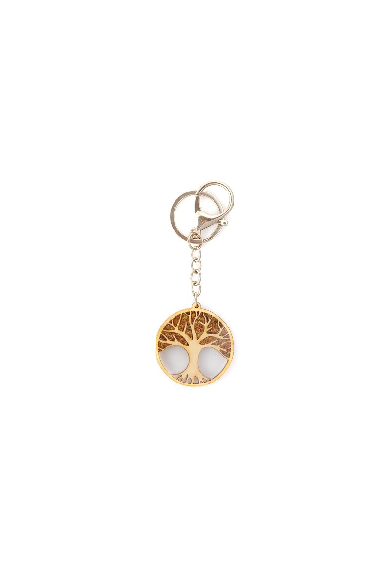 Grossiste OPALOOK FRANCE - Porte clés arbre de vie en bouleau, métal et ambre, 4 cm - FLV3