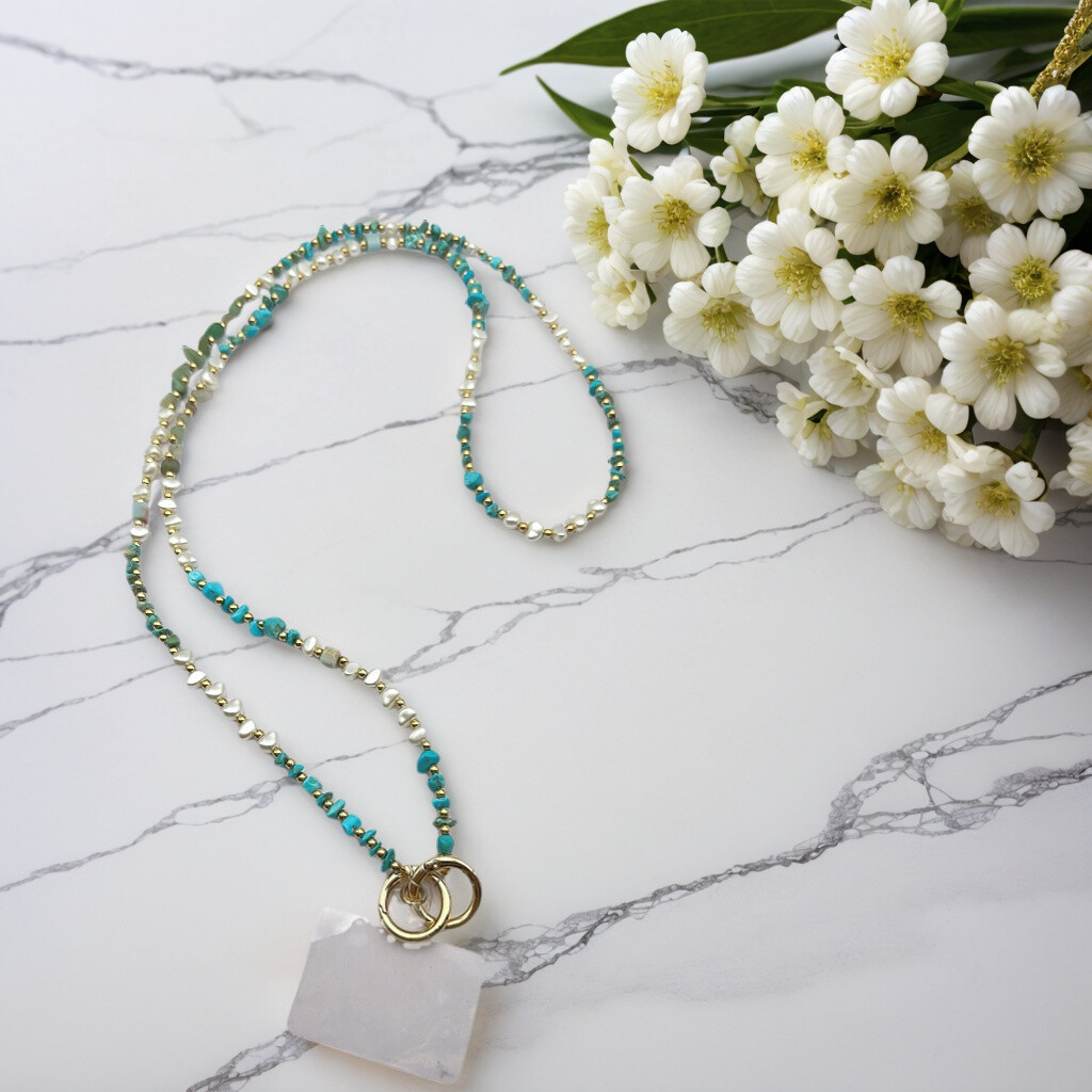 Grossiste ROSE PINK - COLLIER LONGUE PERLES+ PIERRE NATURELLES POUR PORTABLE AVEC ADAPTATEUR