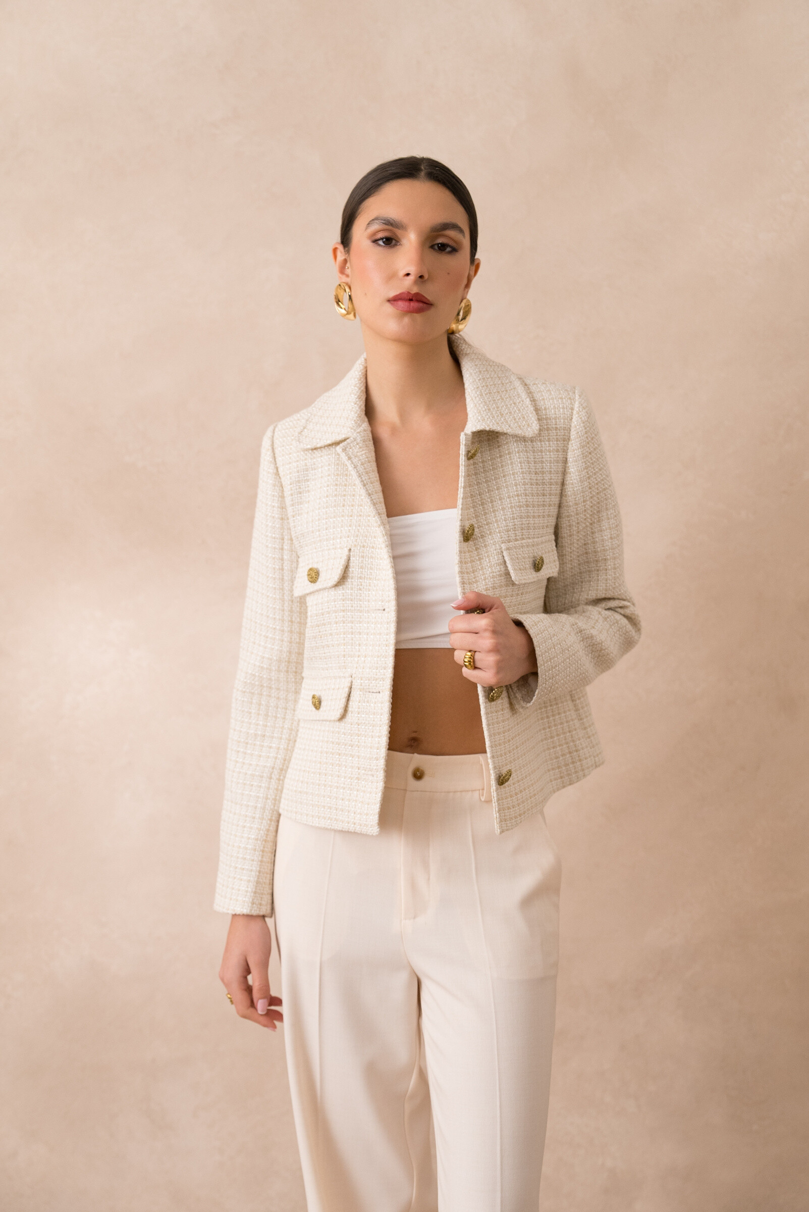 Wholesaler Attentif - Cropped jacket in ecru tweed with structured cut