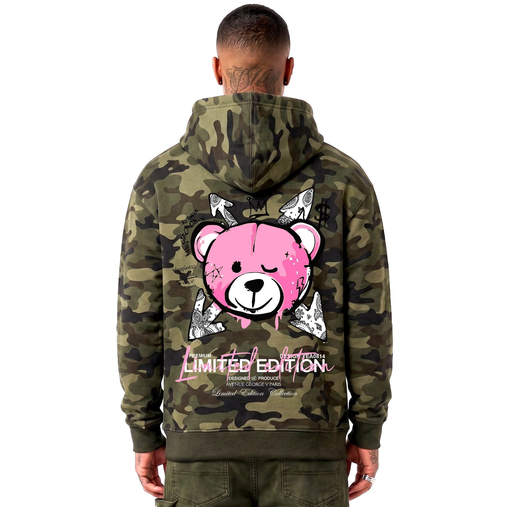 Grossiste Avenue George V - Sweat à capuche imprimé Ourson militaire Kaki/Rose