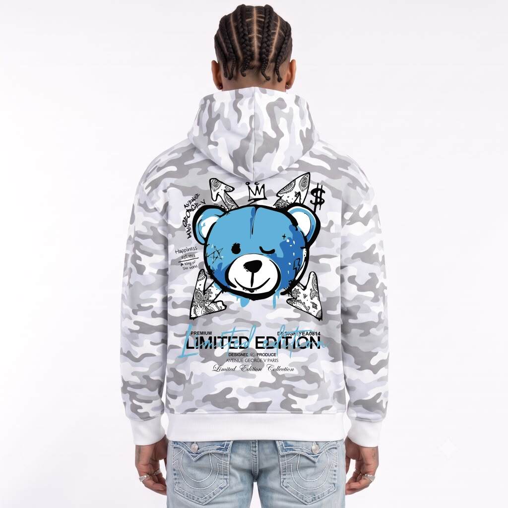 Grossiste Avenue George V - Sweat à capuche imprimé Ourson militaire Blanc/Bleu