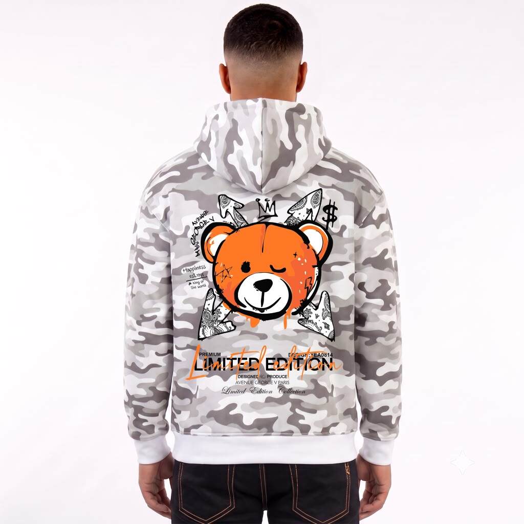 Grossiste Avenue George V - Sweat à capuche imprimé Ourson militaire Blanc/Orange