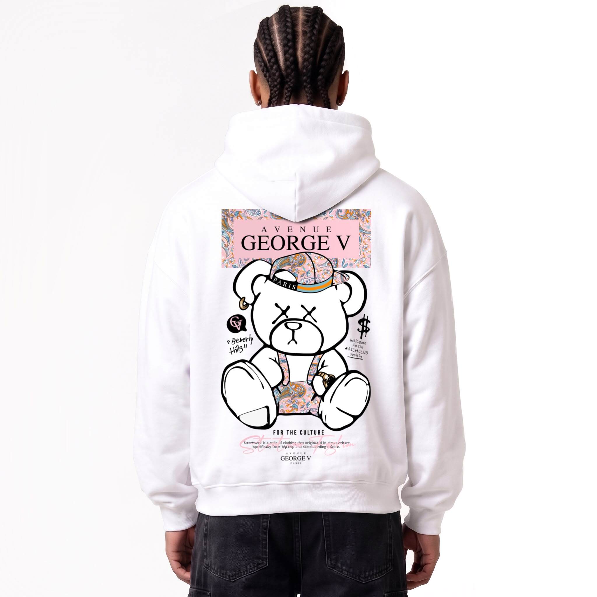 Grossiste Avenue George V - Sweat à capuche imprimé Ourson Street Blanc