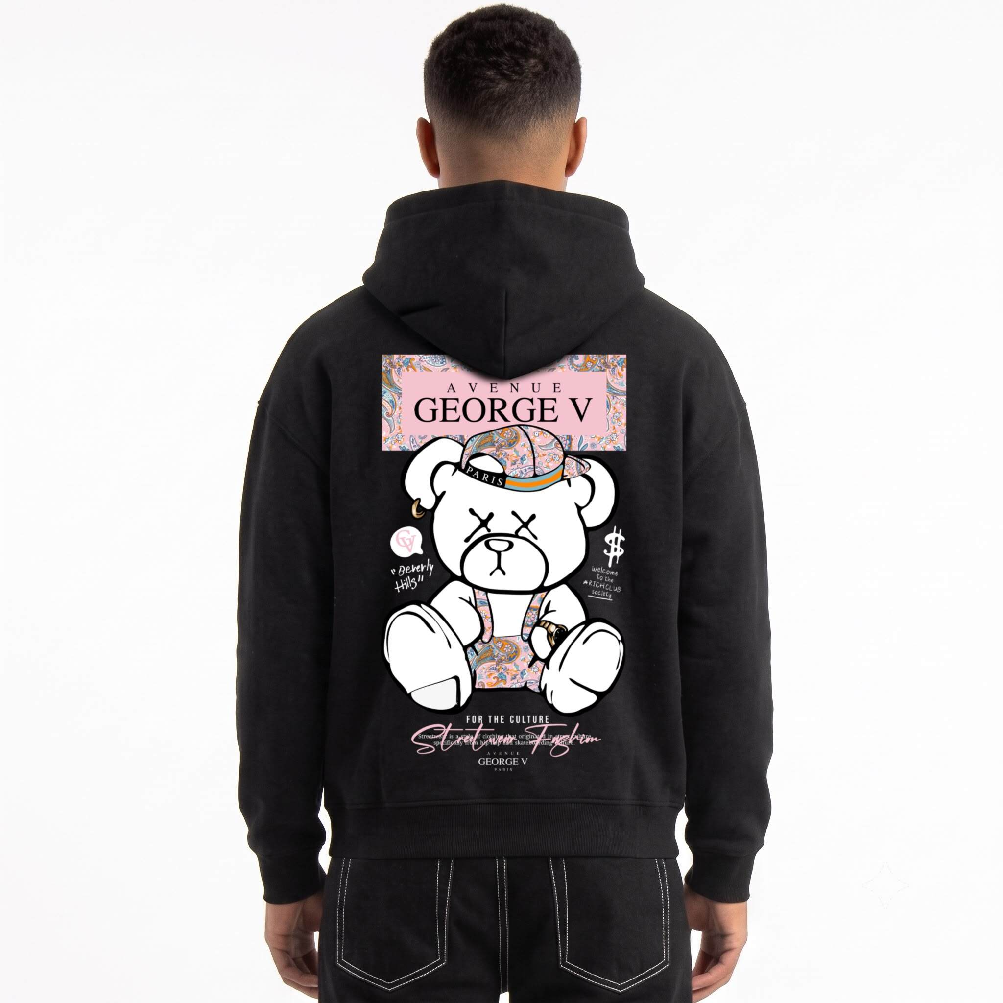Grossiste Avenue George V - Sweat à capuche imprimé Ourson Street Noir