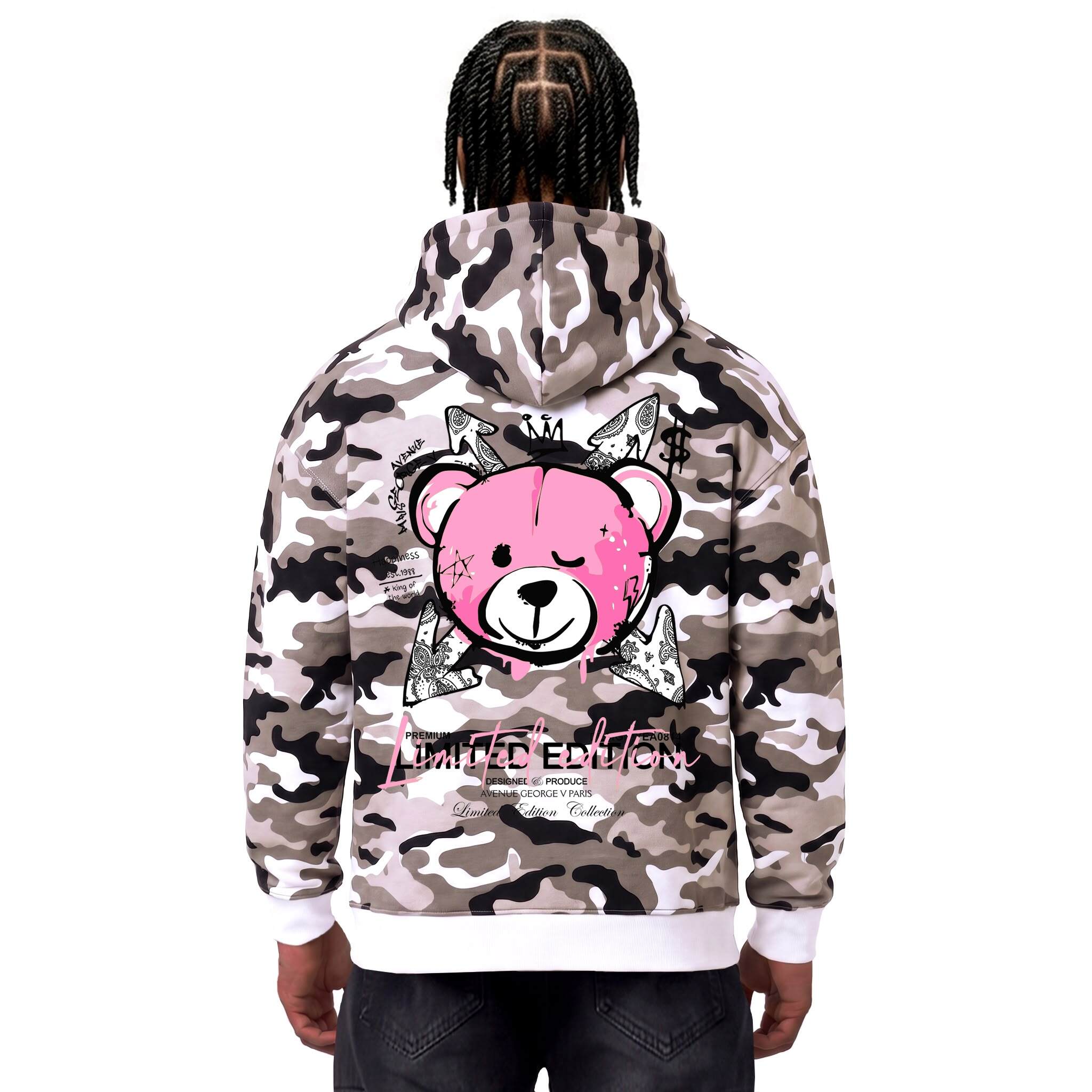 Grossiste Avenue George V - Sweat à capuche imprimé Ourson militaire Beige/Rose