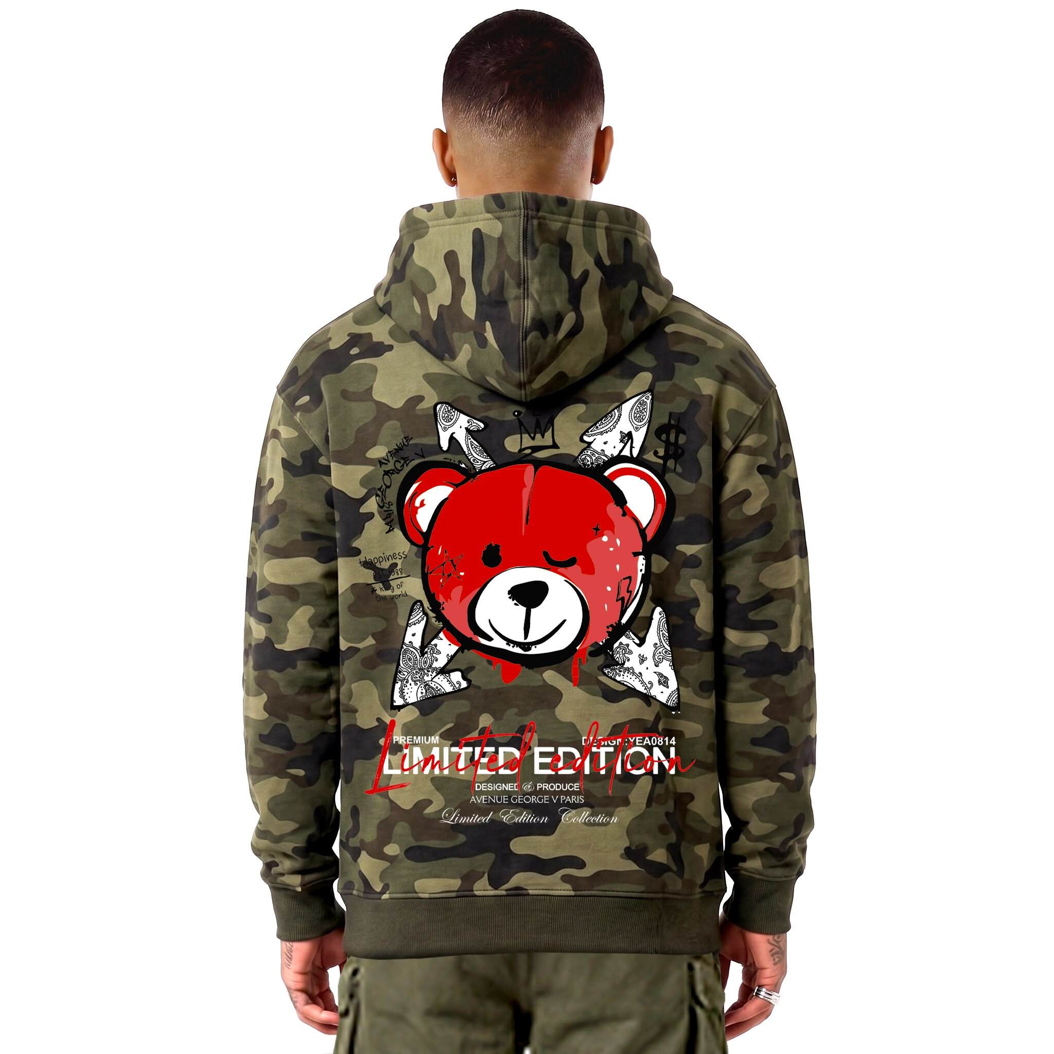 Grossiste Avenue George V - Sweat à capuche imprimé Ourson militaire Kaki/Rouge