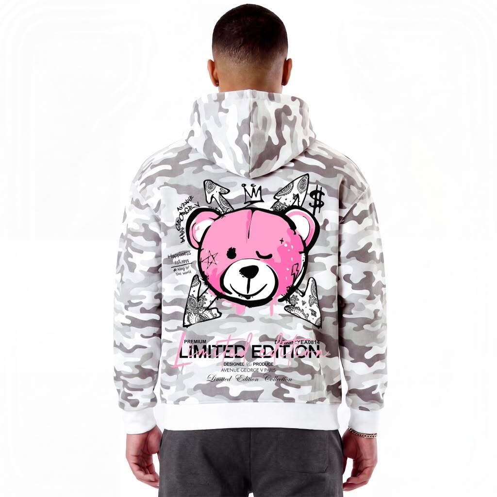 Grossiste Avenue George V - Sweat à capuche imprimé Ourson militaire Blanc/Rose