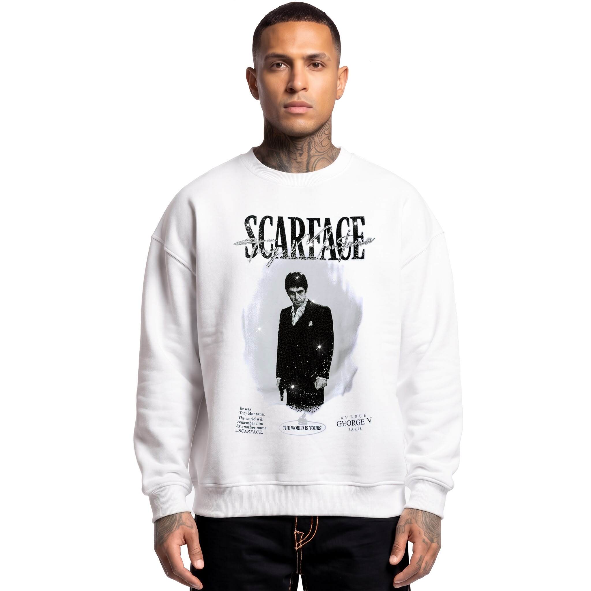 Grossiste Avenue George V - Hoodie Strass Scarface Blanc