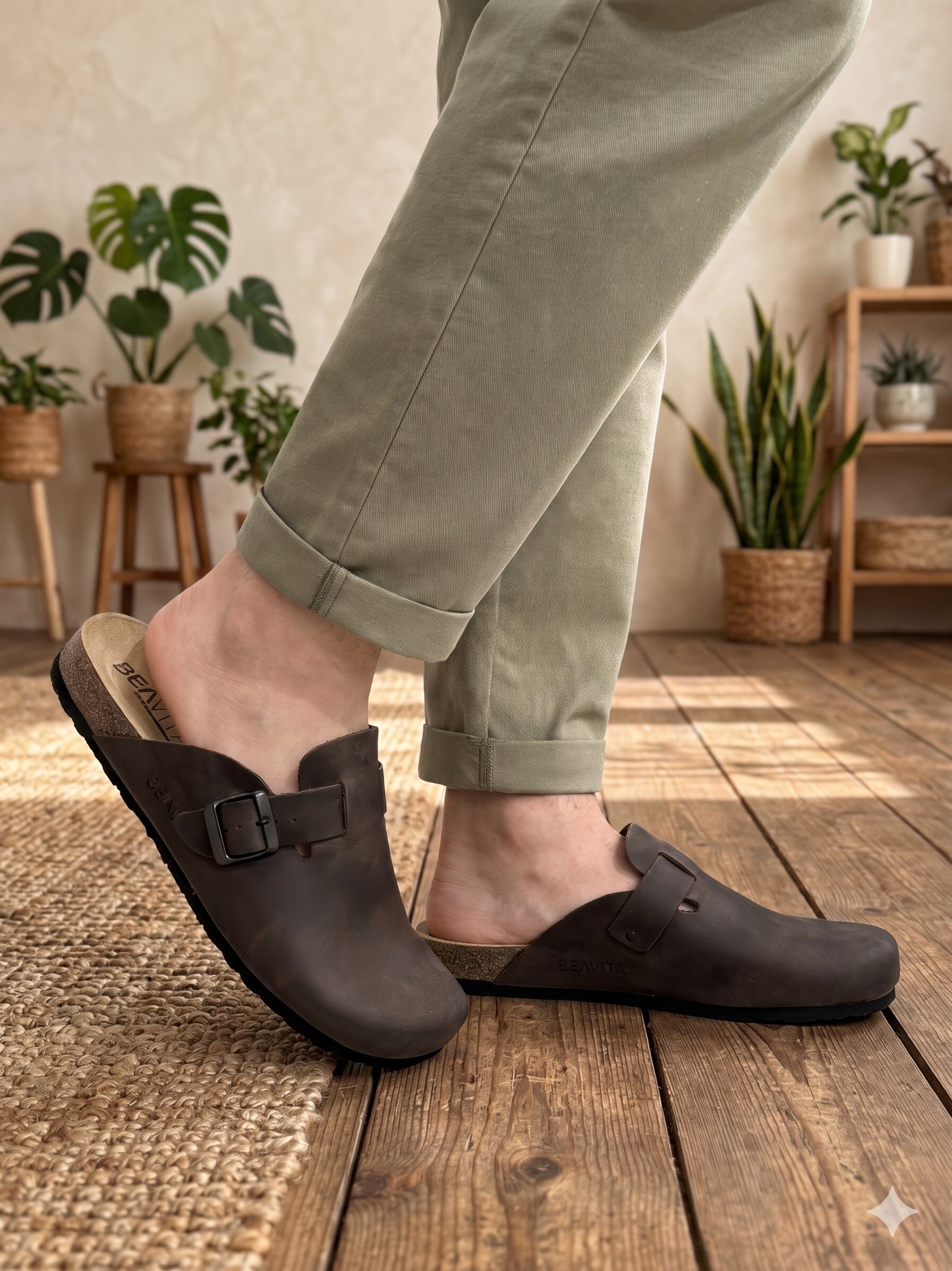 Grossista BEAVITA SHOES - Sabot da uomo artigianali in pelle, comode e versatili, con suola in sughero. Ideali per l'estate.