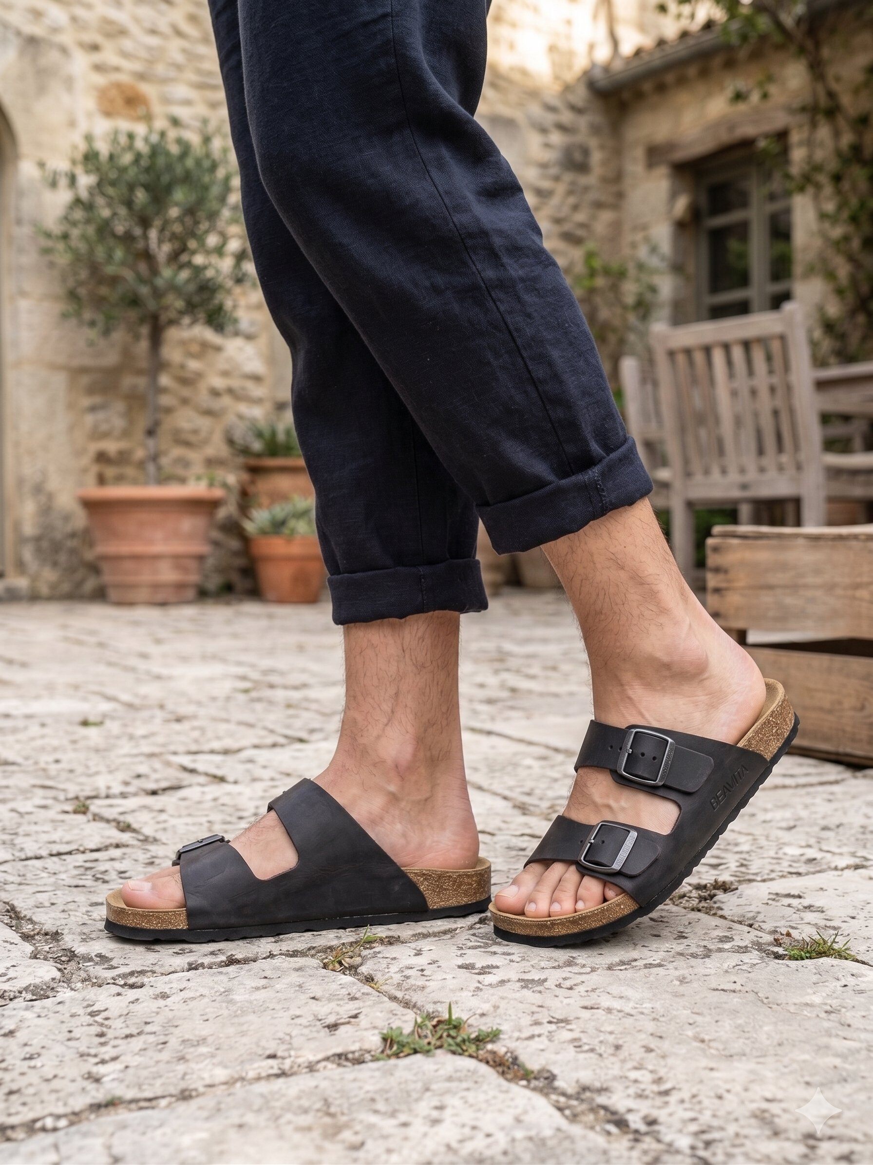 Grossiste BEAVITA SHOES - Sandales en cuir pour homme avec double bride réglable, semelle en liège et garanties 100% cuir véritable.