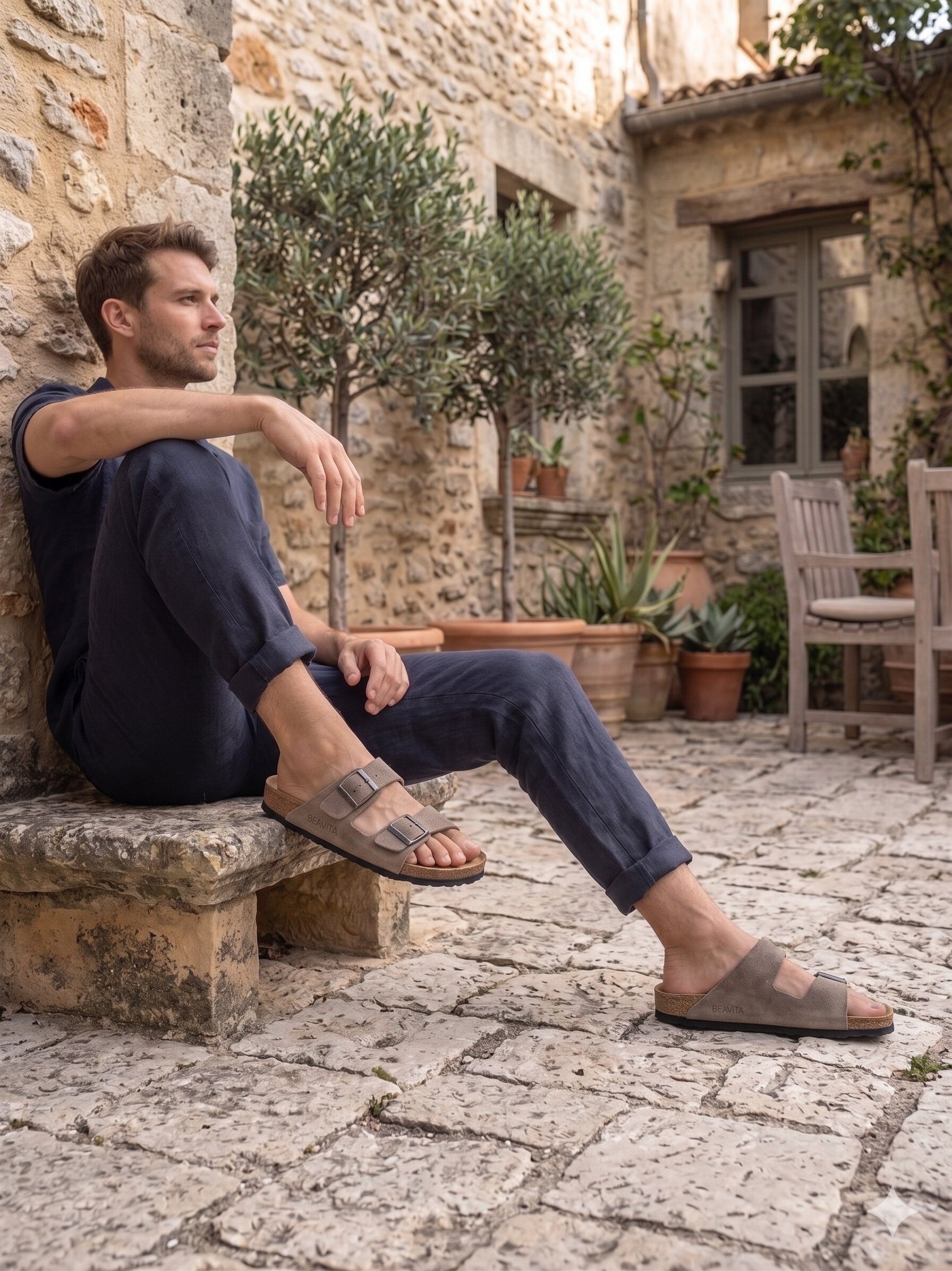 Grossista BEAVITA SHOES - Sandali in pelle da uomo con doppia fascia regolabile, suola in sughero e garantiti 100% vera pelle.