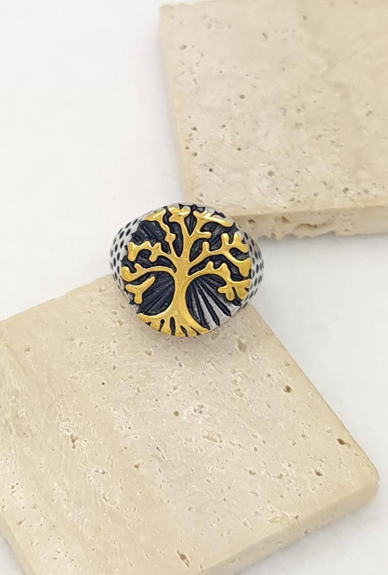 Großhändler Bijoussimo - Herrenstahlring mit goldenem Lebensbaum
