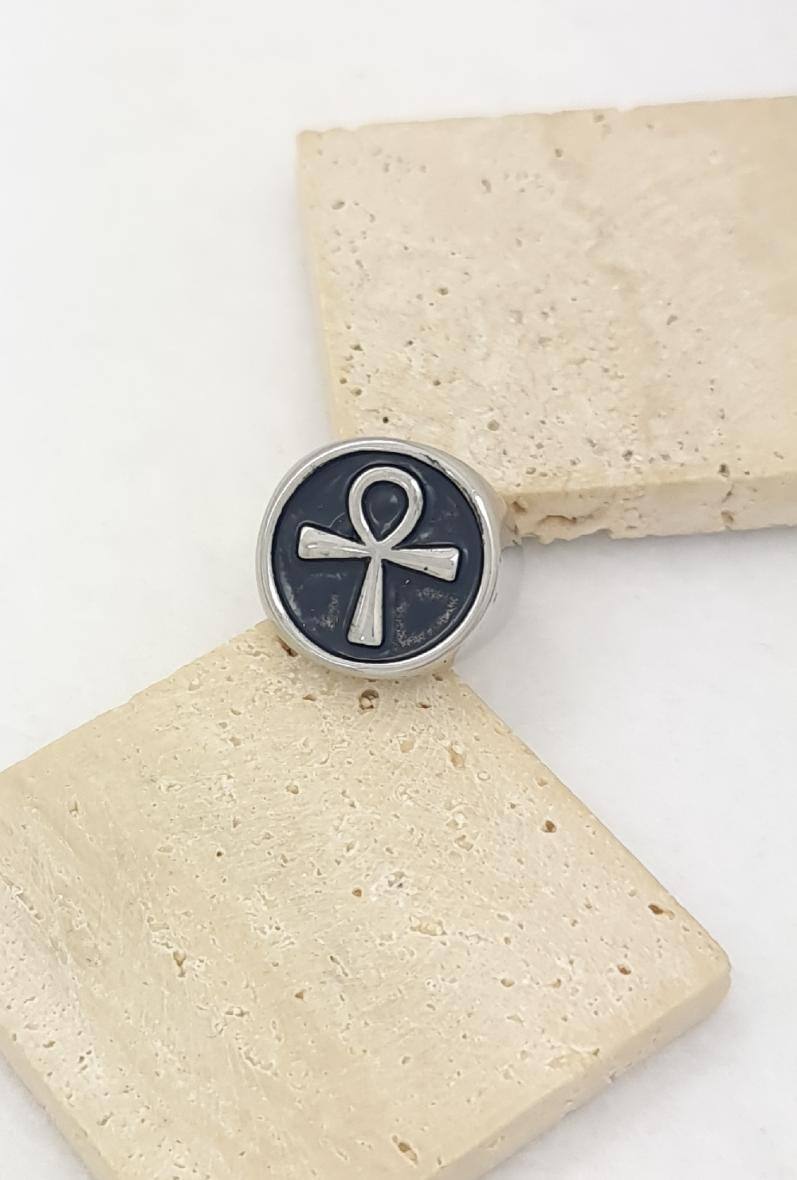 Großhändler Bijoussimo - Herrenstahlring mit ägyptischem Ankh-Kreuz-Motiv